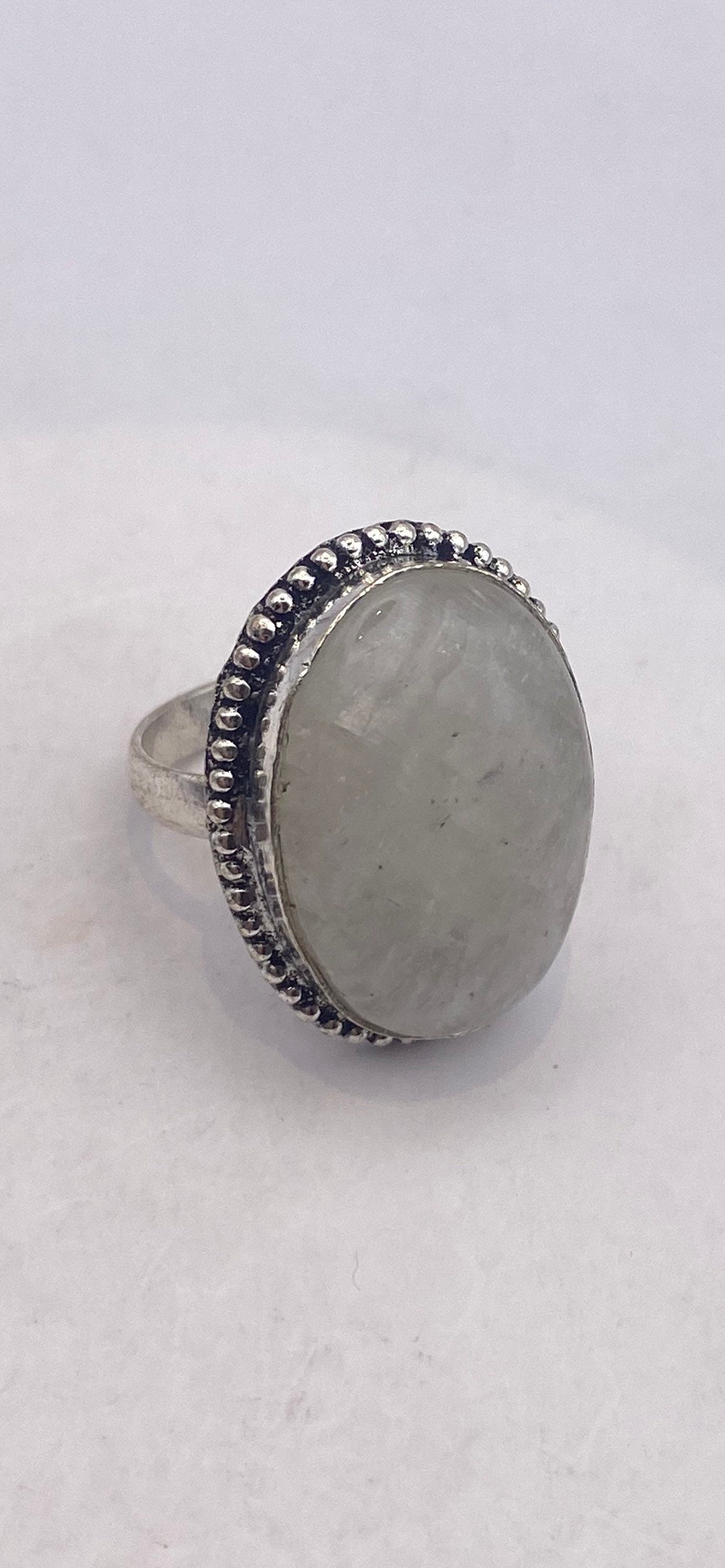 Vintage Large Blue White Rainbow Moonstone Stone Silver Ring