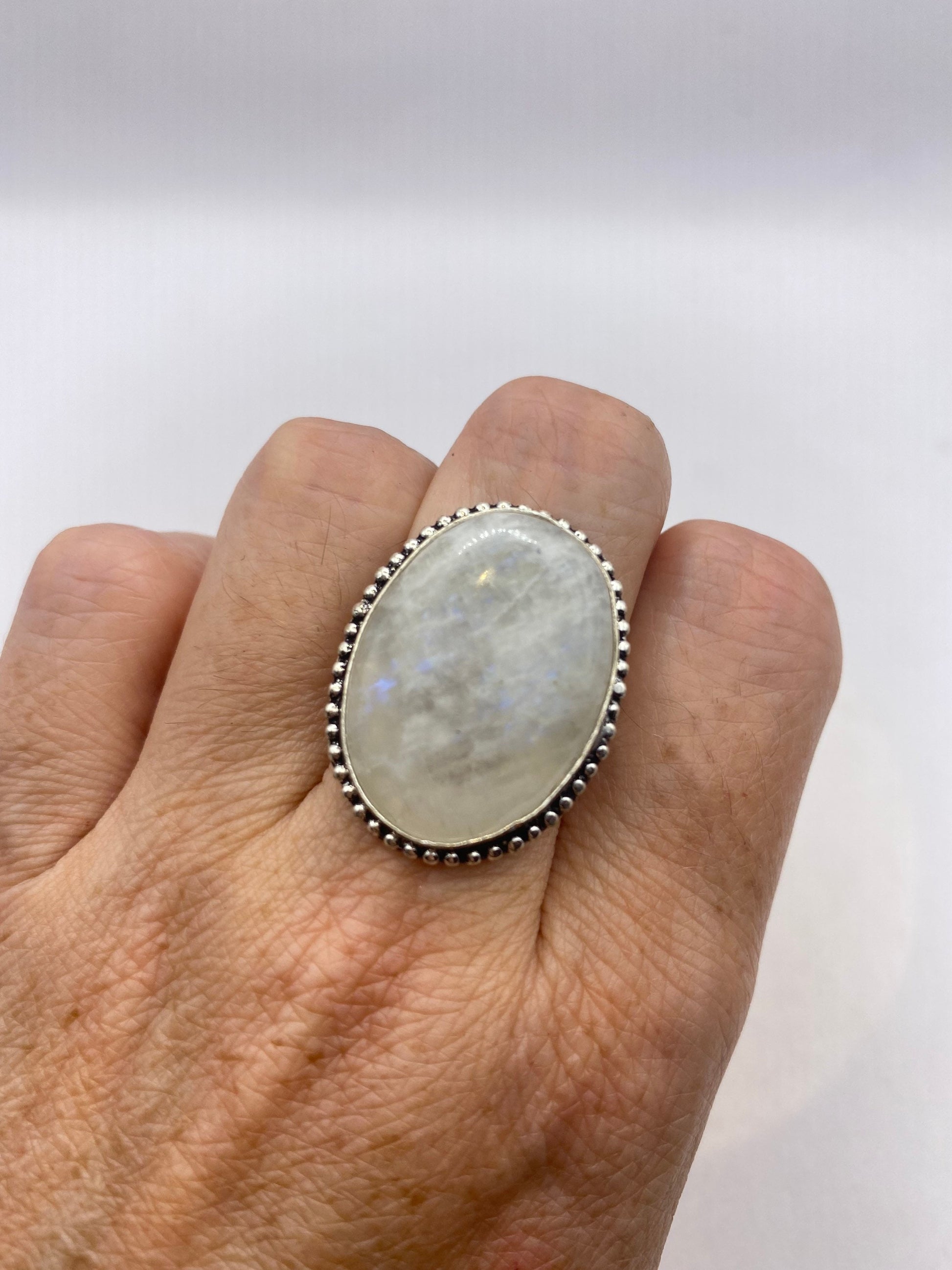 Vintage Large Blue White Rainbow Moonstone Stone Silver Ring