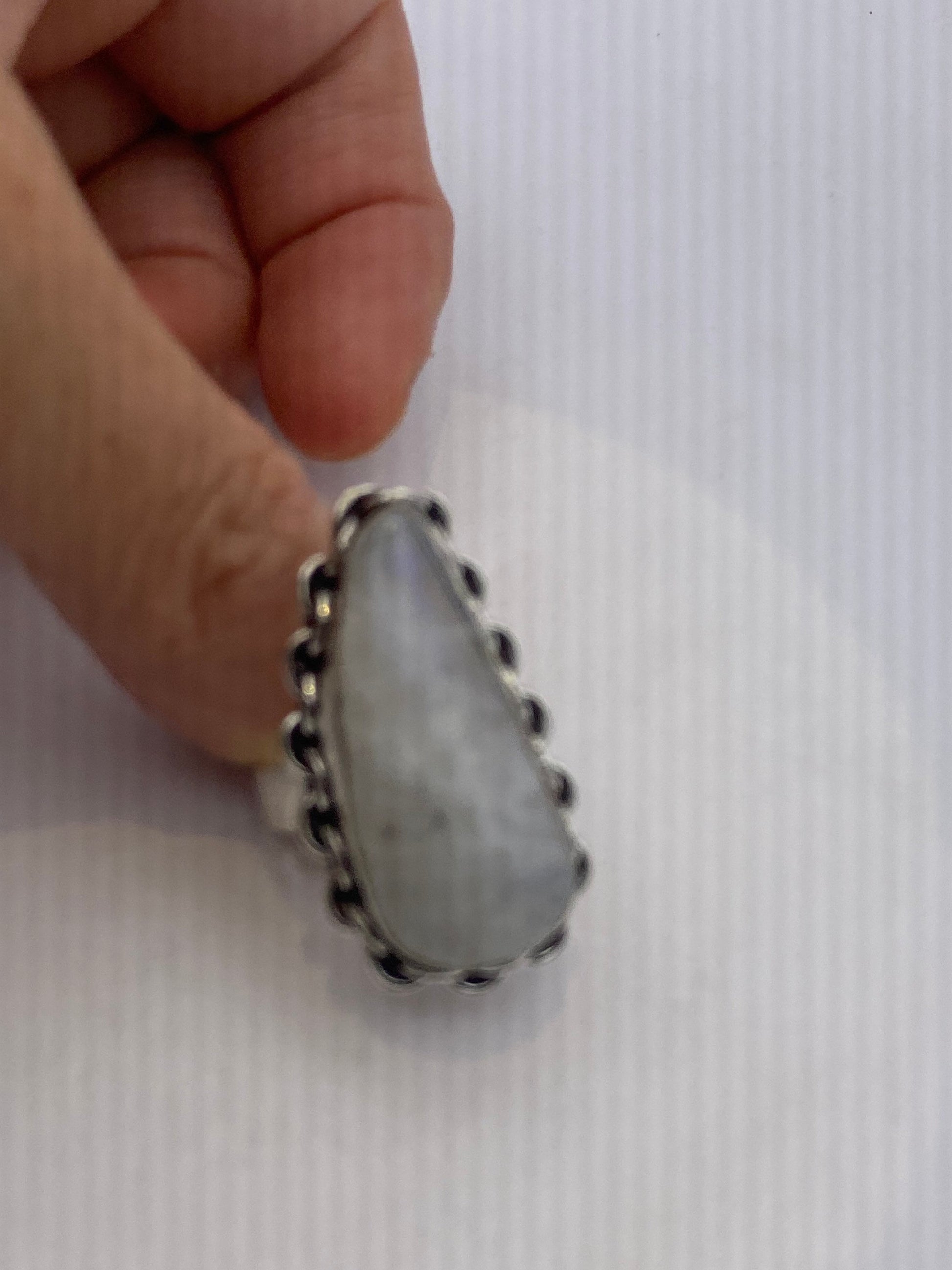 Vintage Large Blue White Rainbow Moonstone Stone Silver Ring