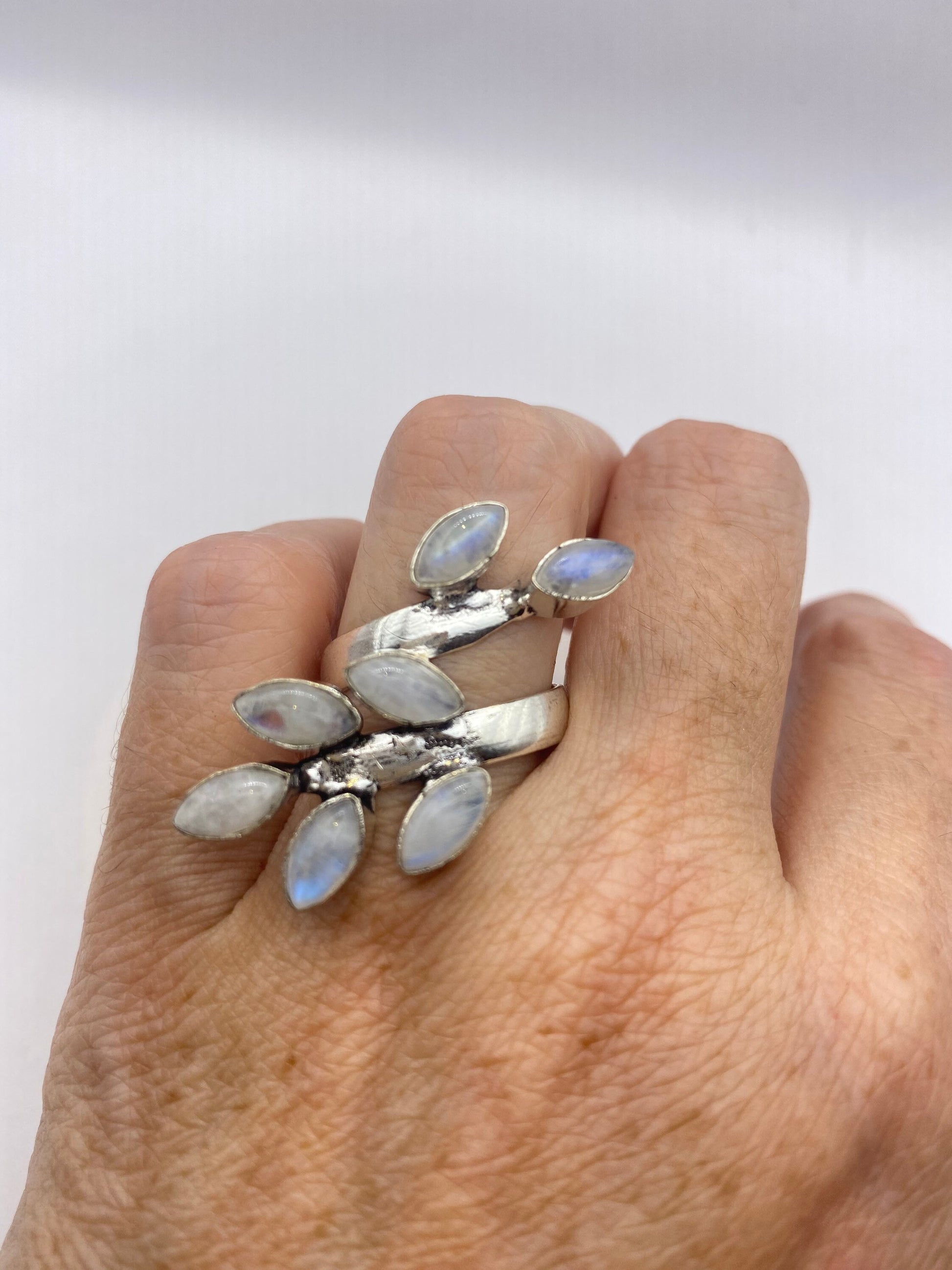 Vintage Large Blue White Rainbow Moonstone Stone Silver Ring Adjustable