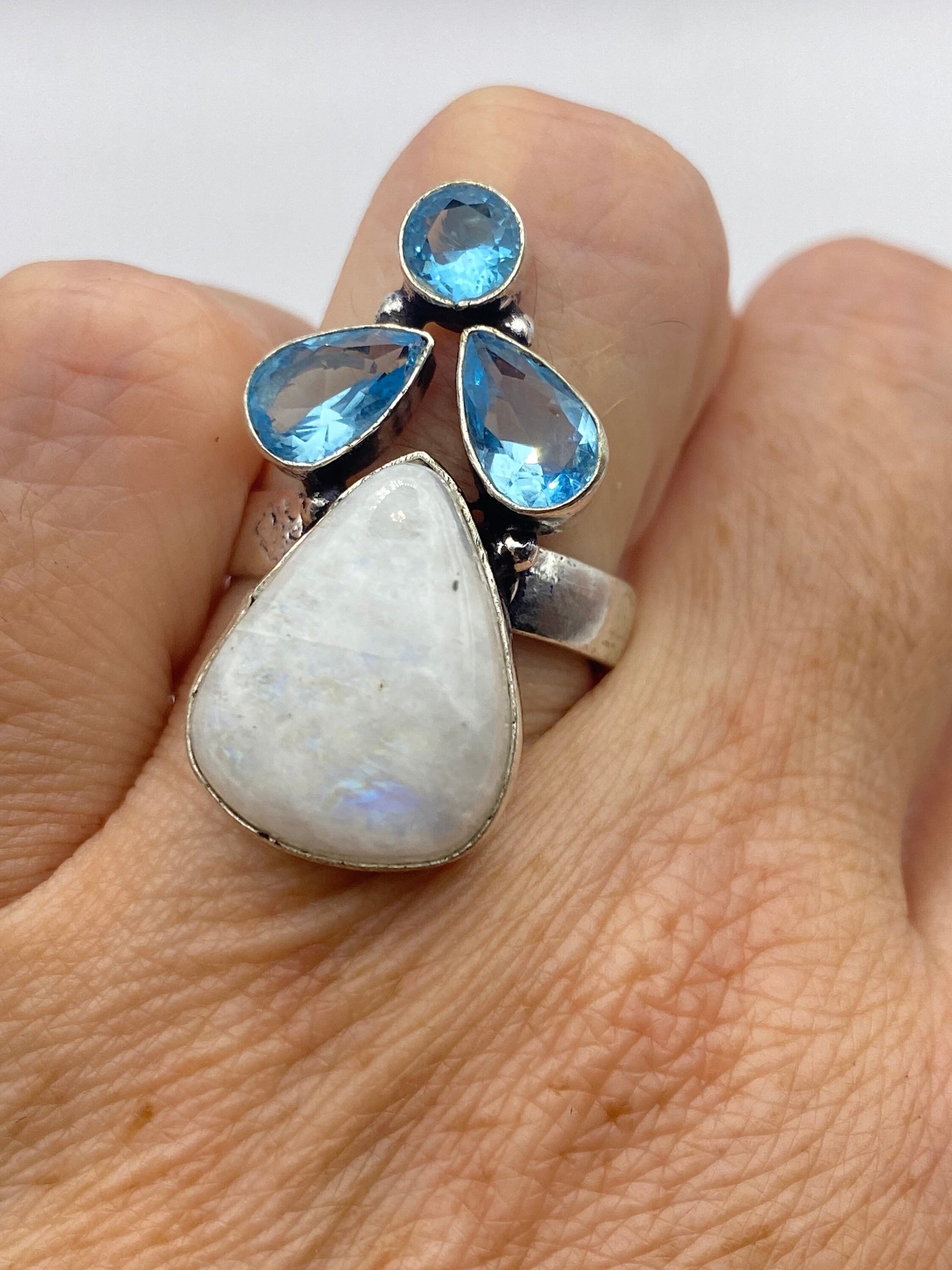 Vintage Large Blue White Rainbow Moonstone Blue Topaz Silver Ring Adjustable