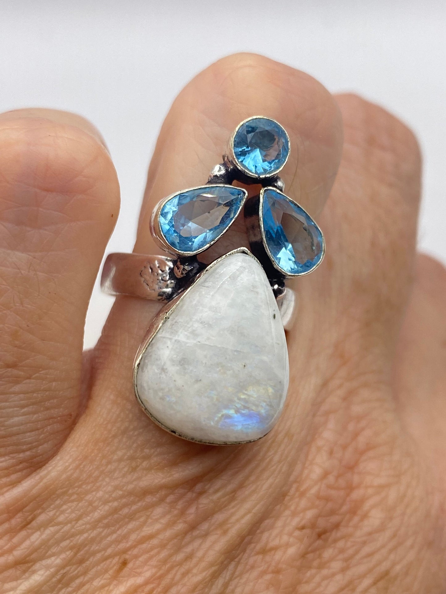 Vintage Large Blue White Rainbow Moonstone Blue Topaz Silver Ring Adjustable