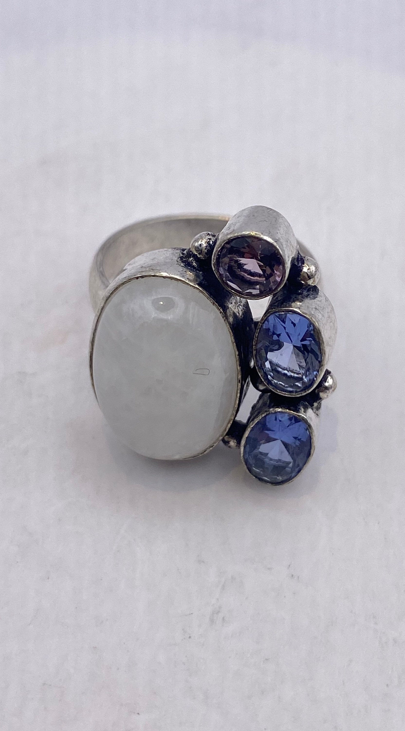 Vintage Large Blue White Rainbow Moonstone Blue Topaz Amethyst Silver Ring Adjustable