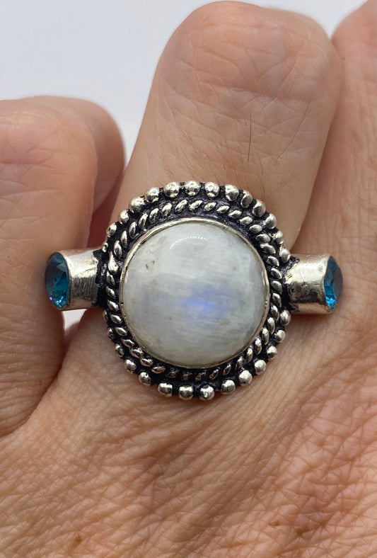 Vintage Large Blue White Rainbow Moonstone Blue Topaz Silver Ring Adjustable