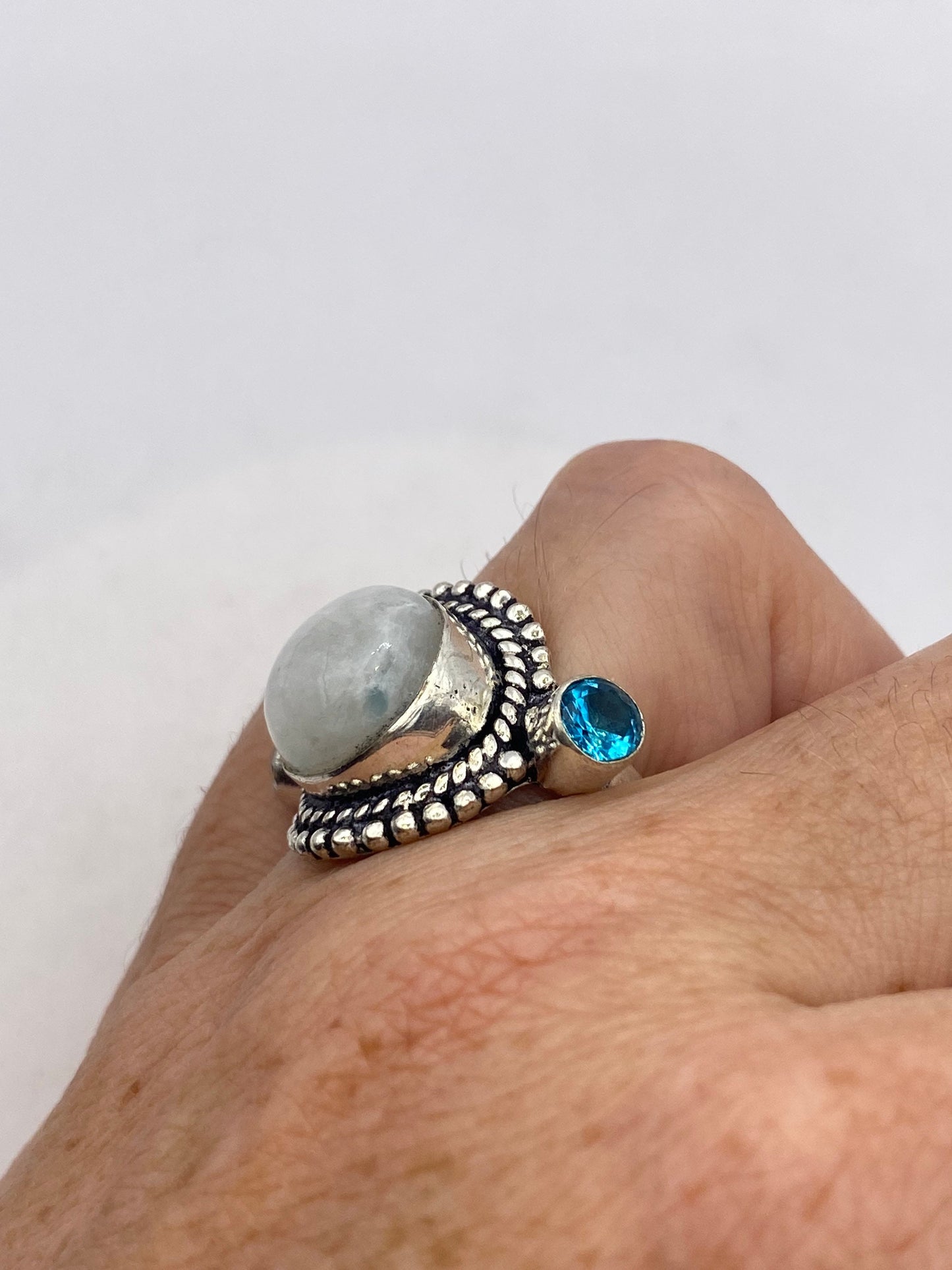 Vintage Large Blue White Rainbow Moonstone Blue Topaz Silver Ring Adjustable