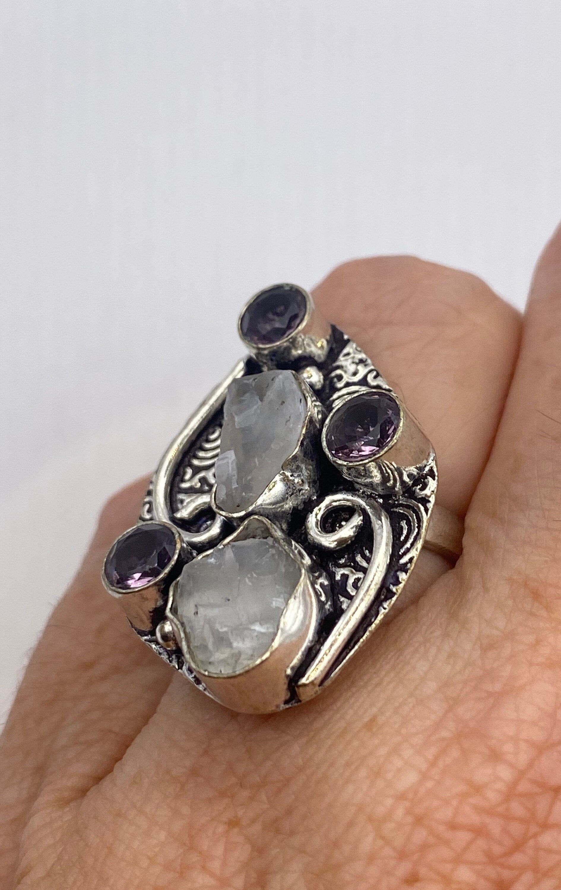 Vintage Large Blue White Rainbow Moonstone Amethyst Silver Ring