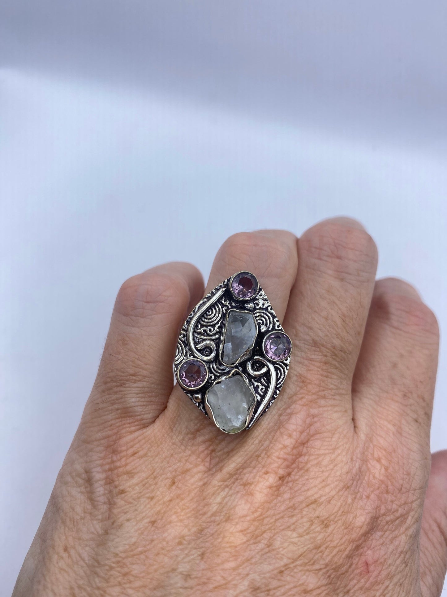 Vintage Large Blue White Rainbow Moonstone Amethyst Silver Ring