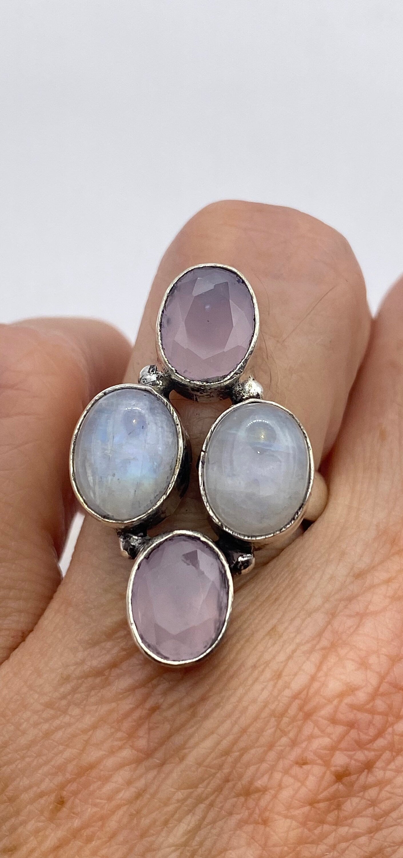 Vintage Large Blue White Rainbow Moonstone Rose Quartz Silver Ring