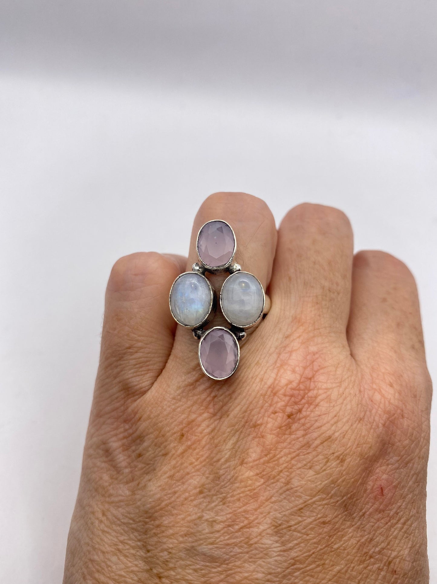 Vintage Large Blue White Rainbow Moonstone Rose Quartz Silver Ring