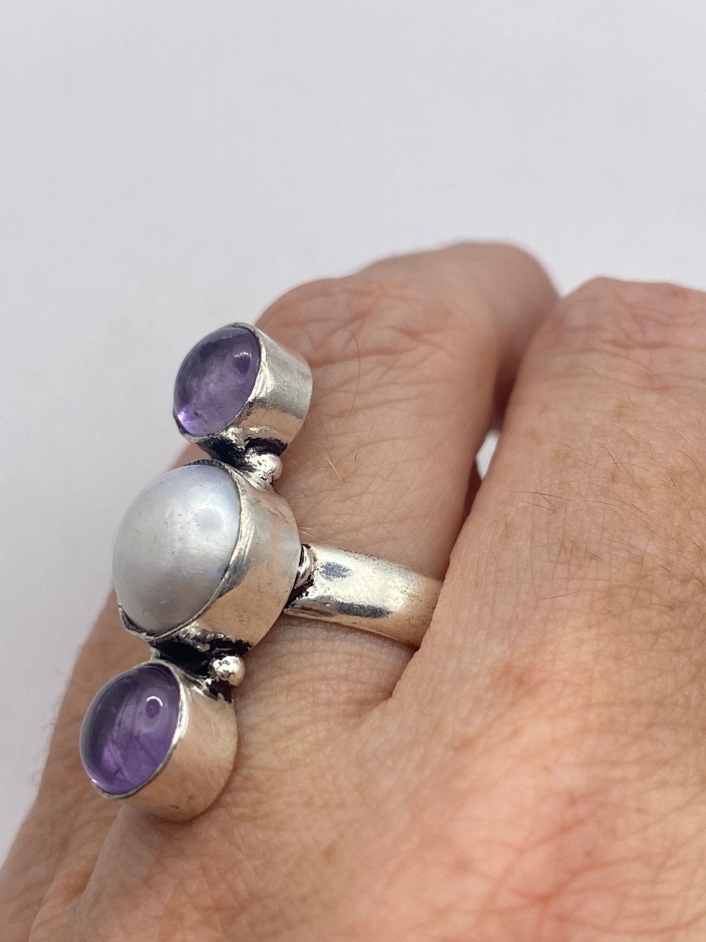 Vintage Boho Purple Amethyst Pearl Cocktail Ring Size 7