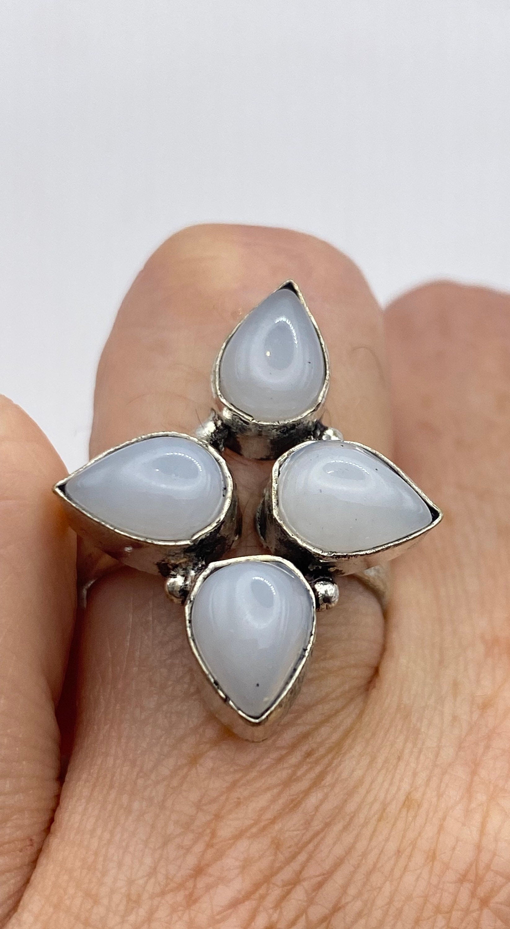 Vintage Genuine White Chalcedony Chunky Boho Ring