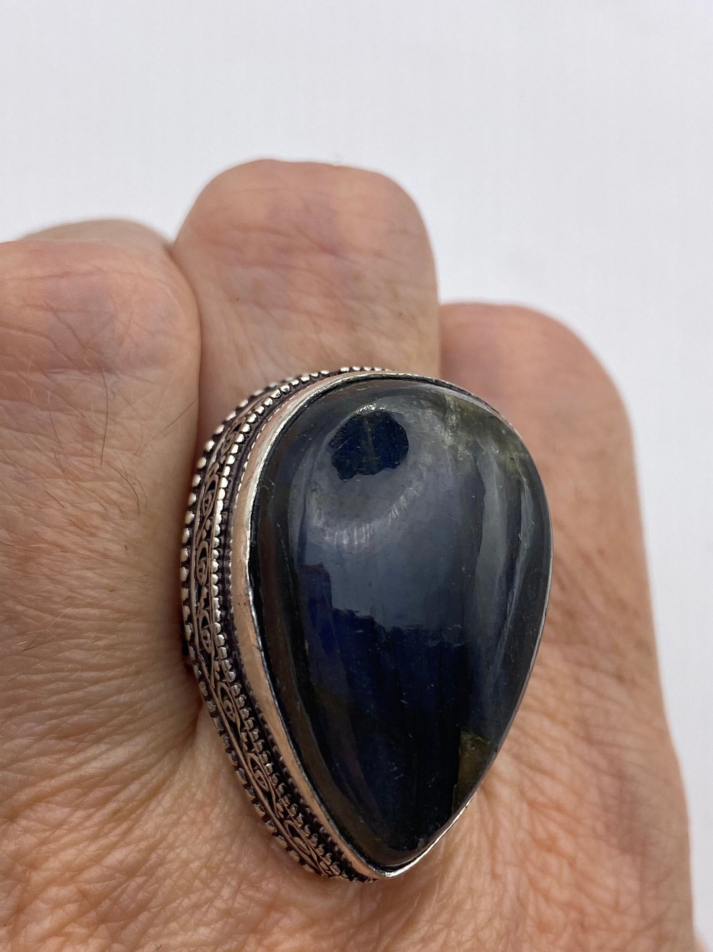 Vintage Large Blue Green Labradorite Stone Silver Ring