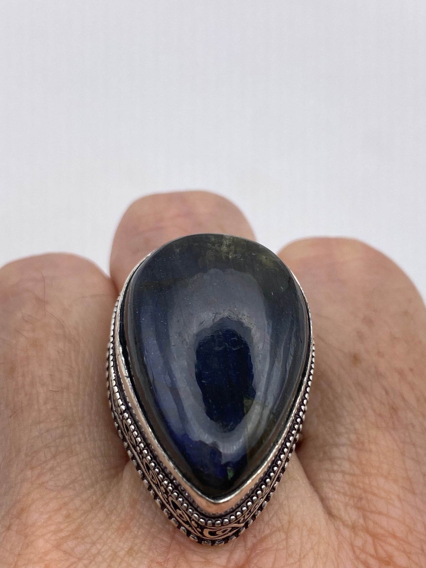 Vintage Large Blue Green Labradorite Stone Silver Ring