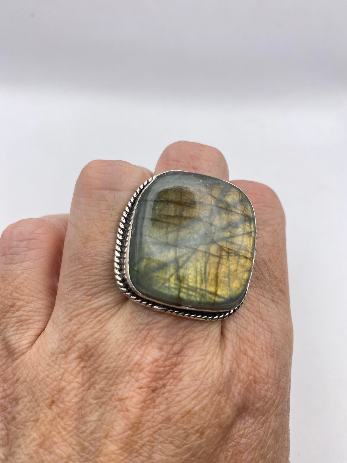 Vintage Large Blue Green Labradorite Stone Silver Ring