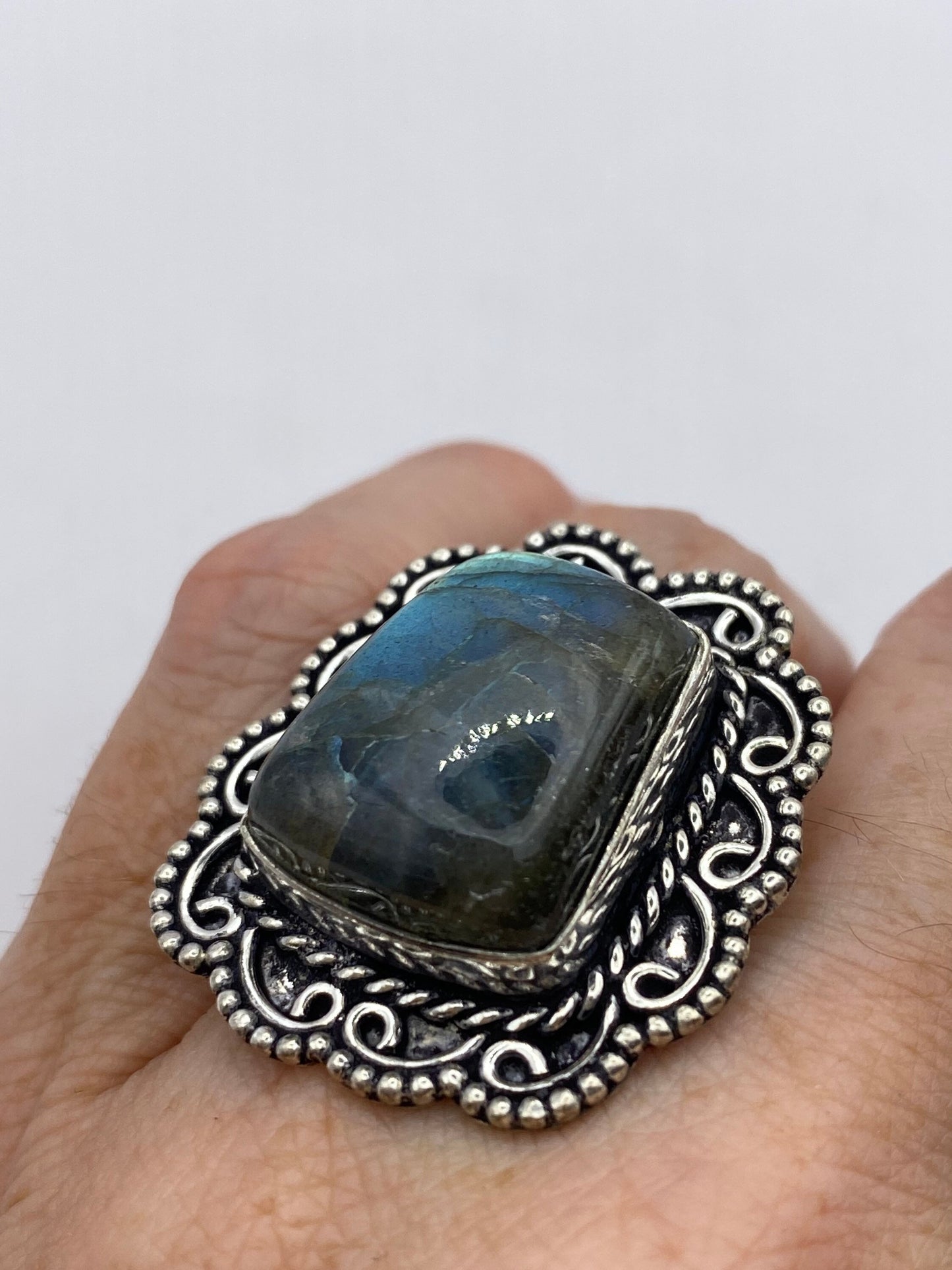 Vintage Large Blue Green Labradorite Stone Silver Ring