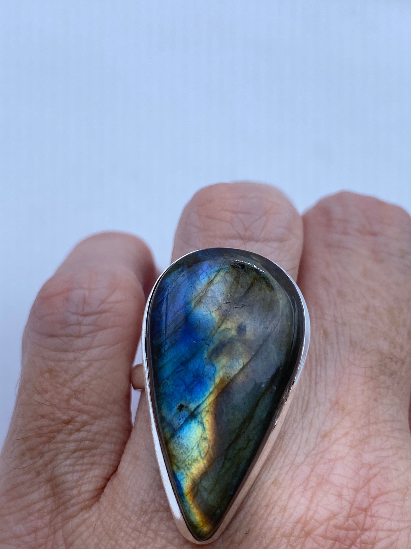 Vintage Large Blue Green Labradorite Stone Silver Ring