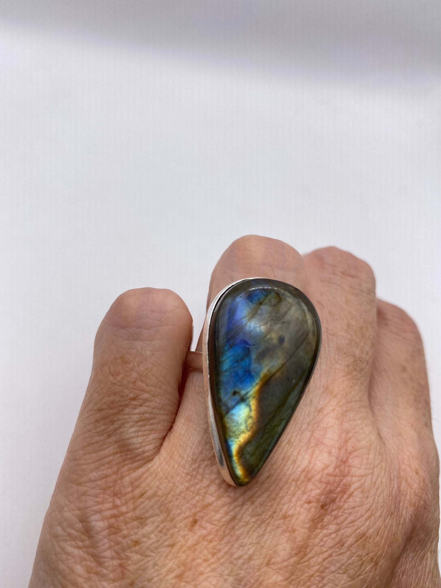 Vintage Large Blue Green Labradorite Stone Silver Ring