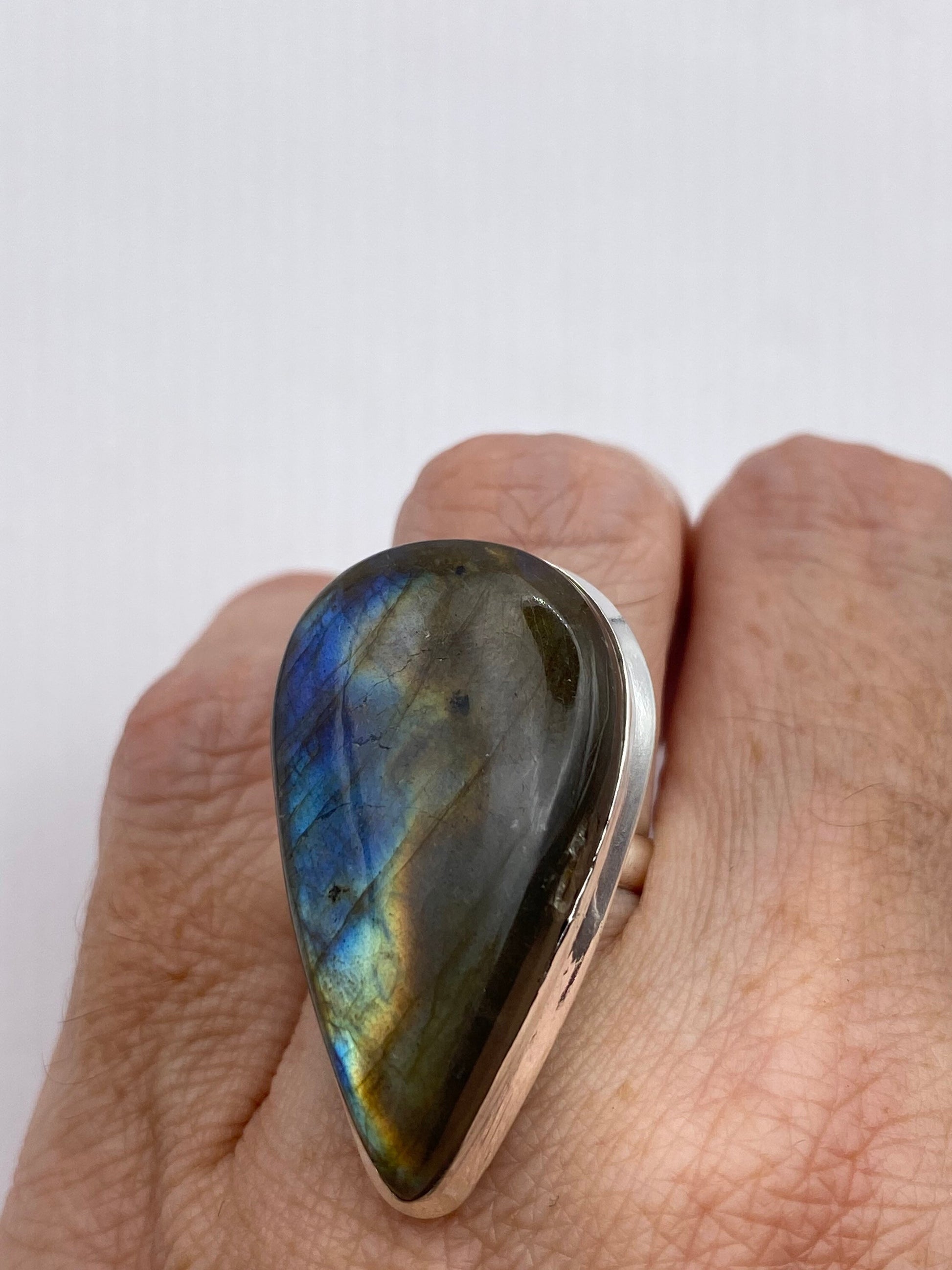 Vintage Large Blue Green Labradorite Stone Silver Ring