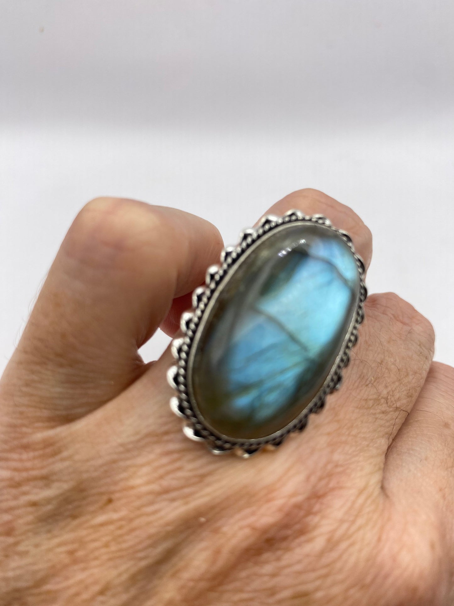 Vintage Large Blue Green Labradorite Stone Silver Ring