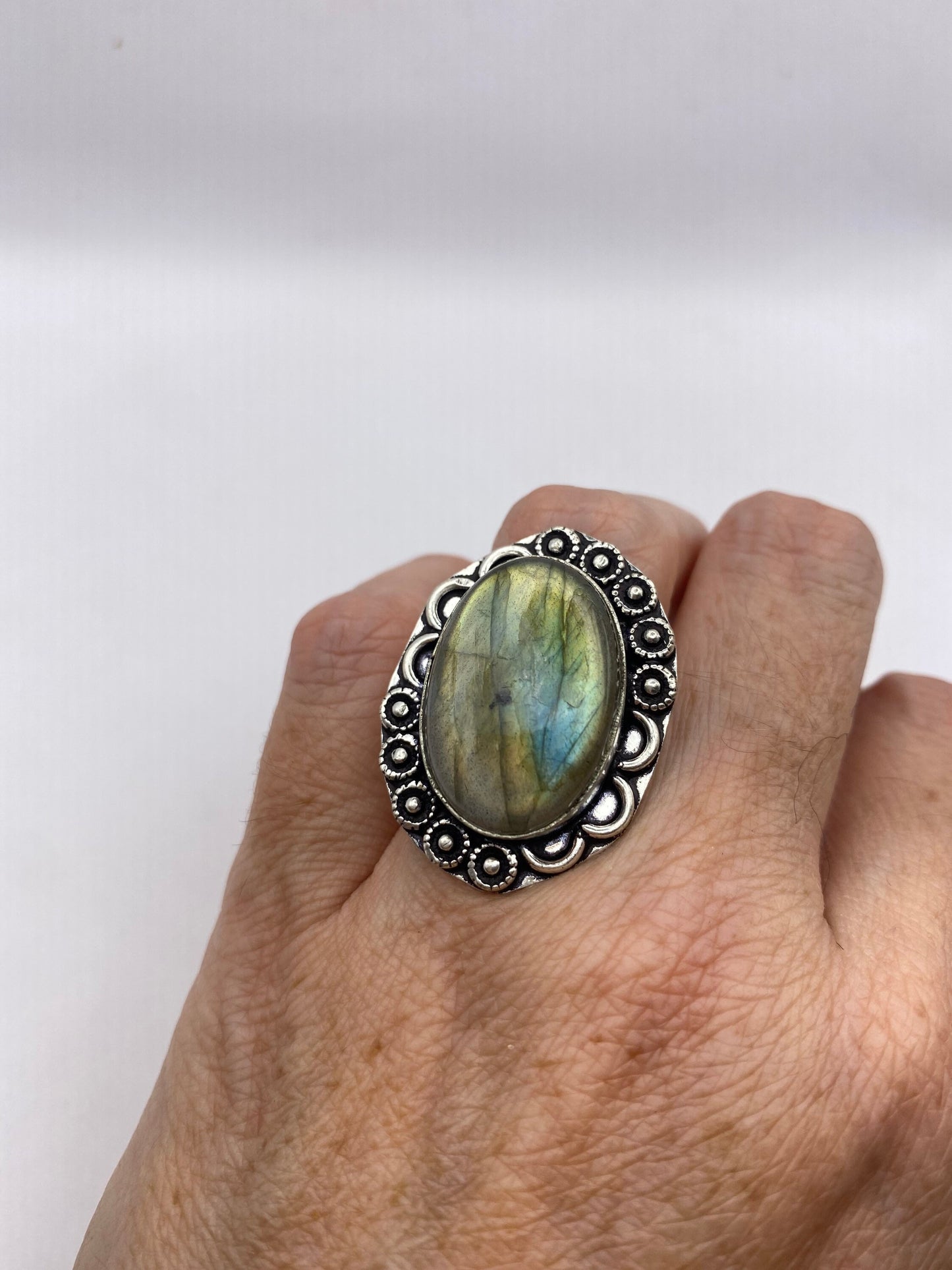 Vintage Large Blue Green Labradorite Stone Silver Ring