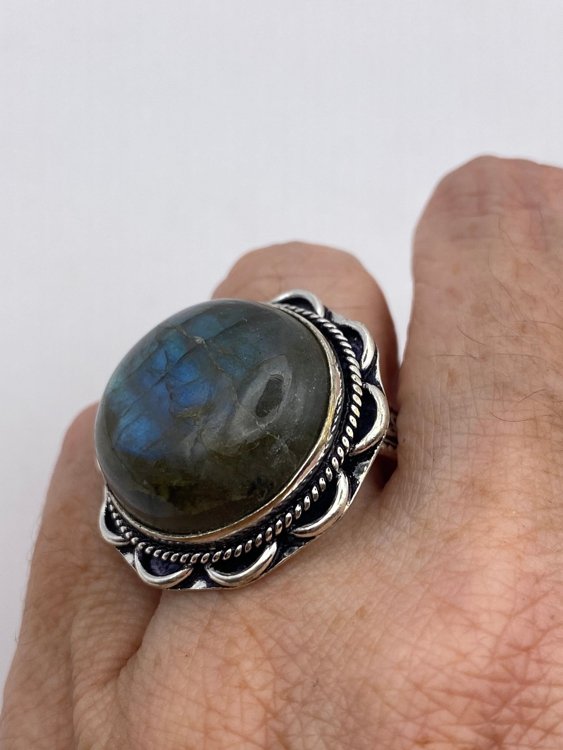 Vintage Large Blue Green Labradorite Stone Silver Ring