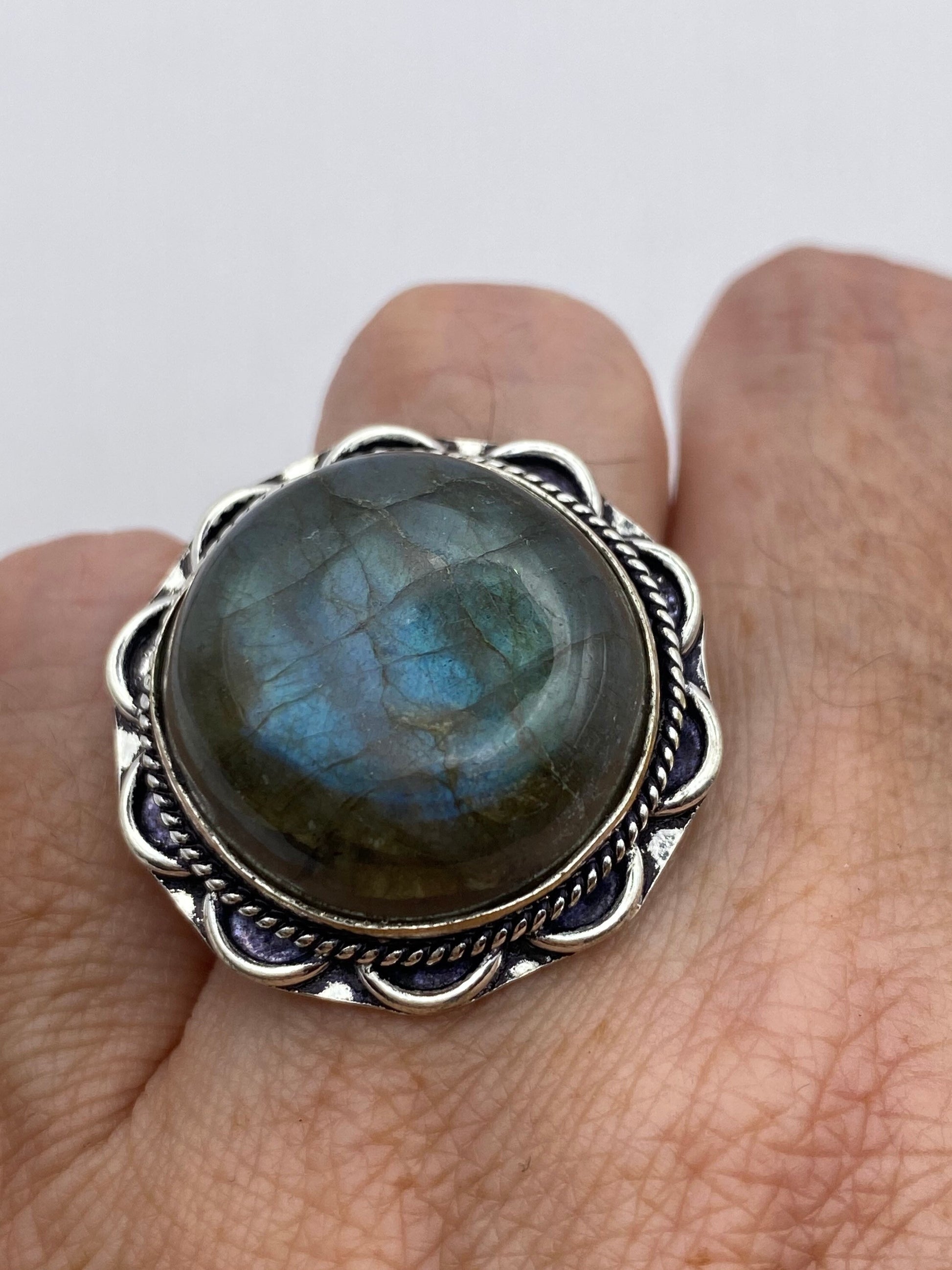 Vintage Large Blue Green Labradorite Stone Silver Ring