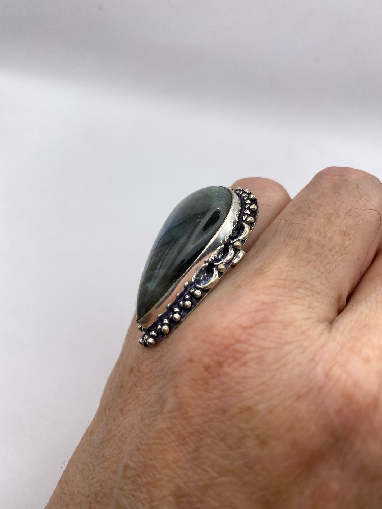 Vintage Large Blue Green Labradorite Stone Silver Ring