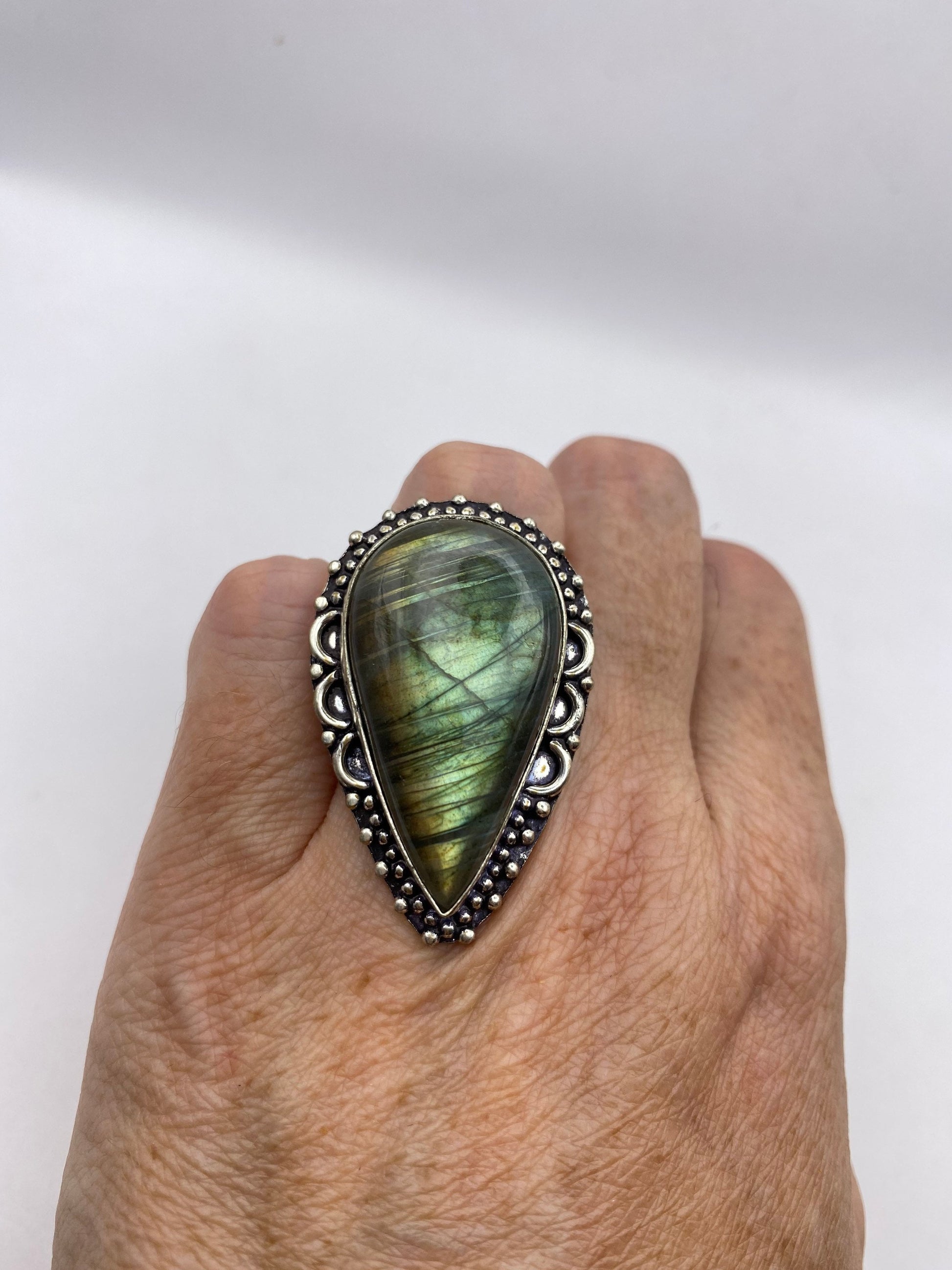 Vintage Large Blue Green Labradorite Stone Silver Ring