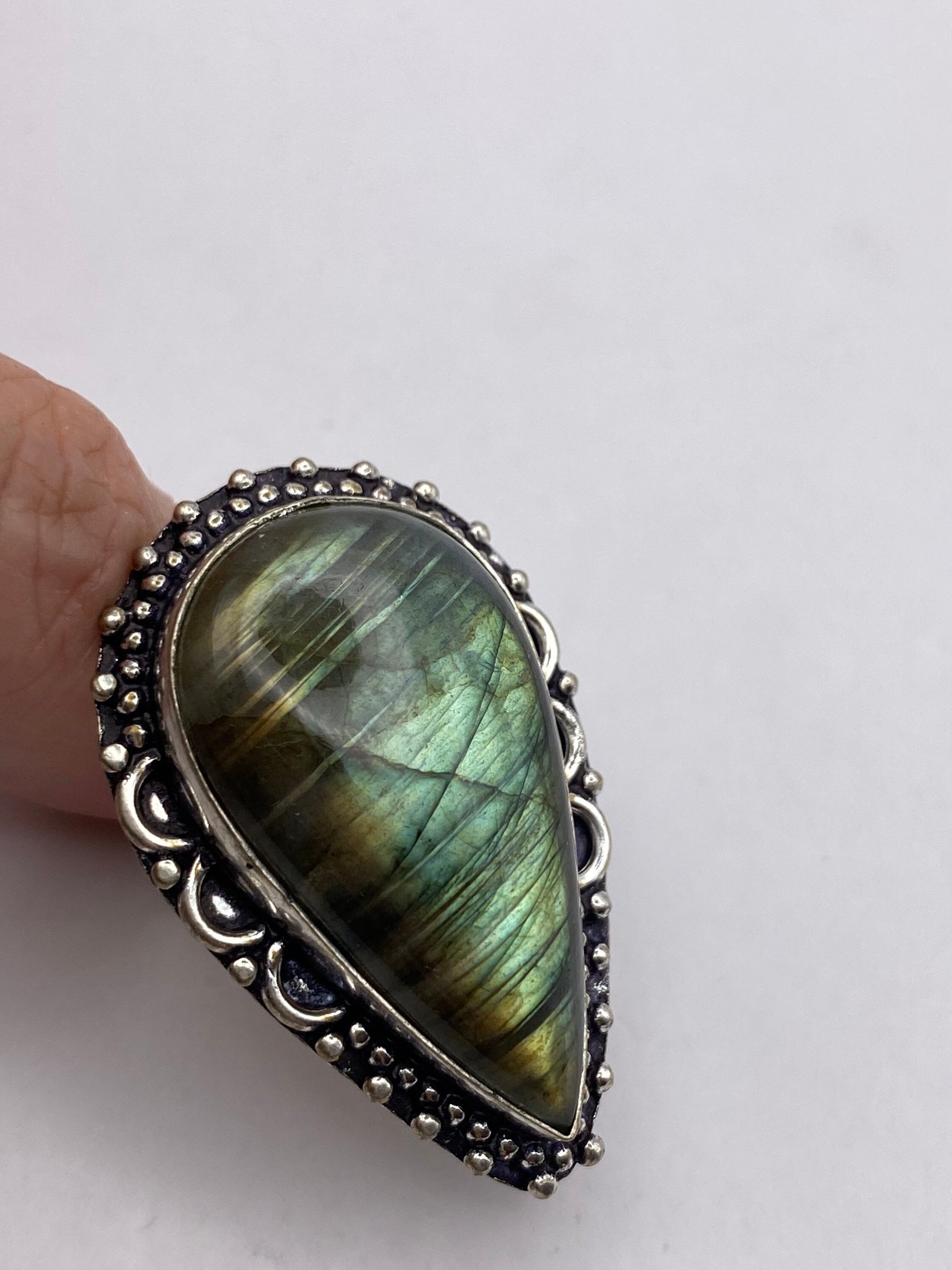 Vintage Large Blue Green Labradorite Stone Silver Ring