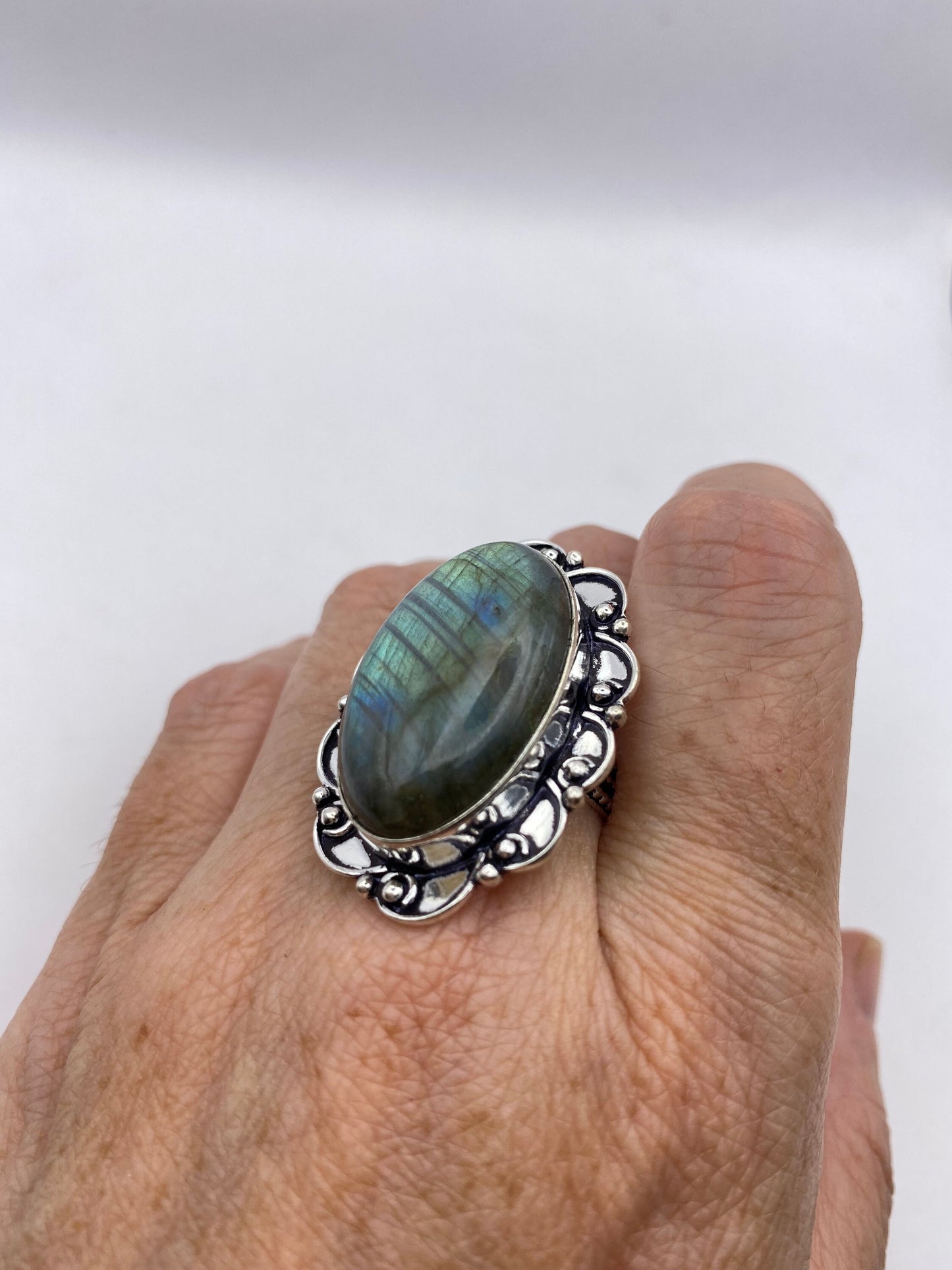 Vintage Large Blue Green Labradorite Stone Silver Ring