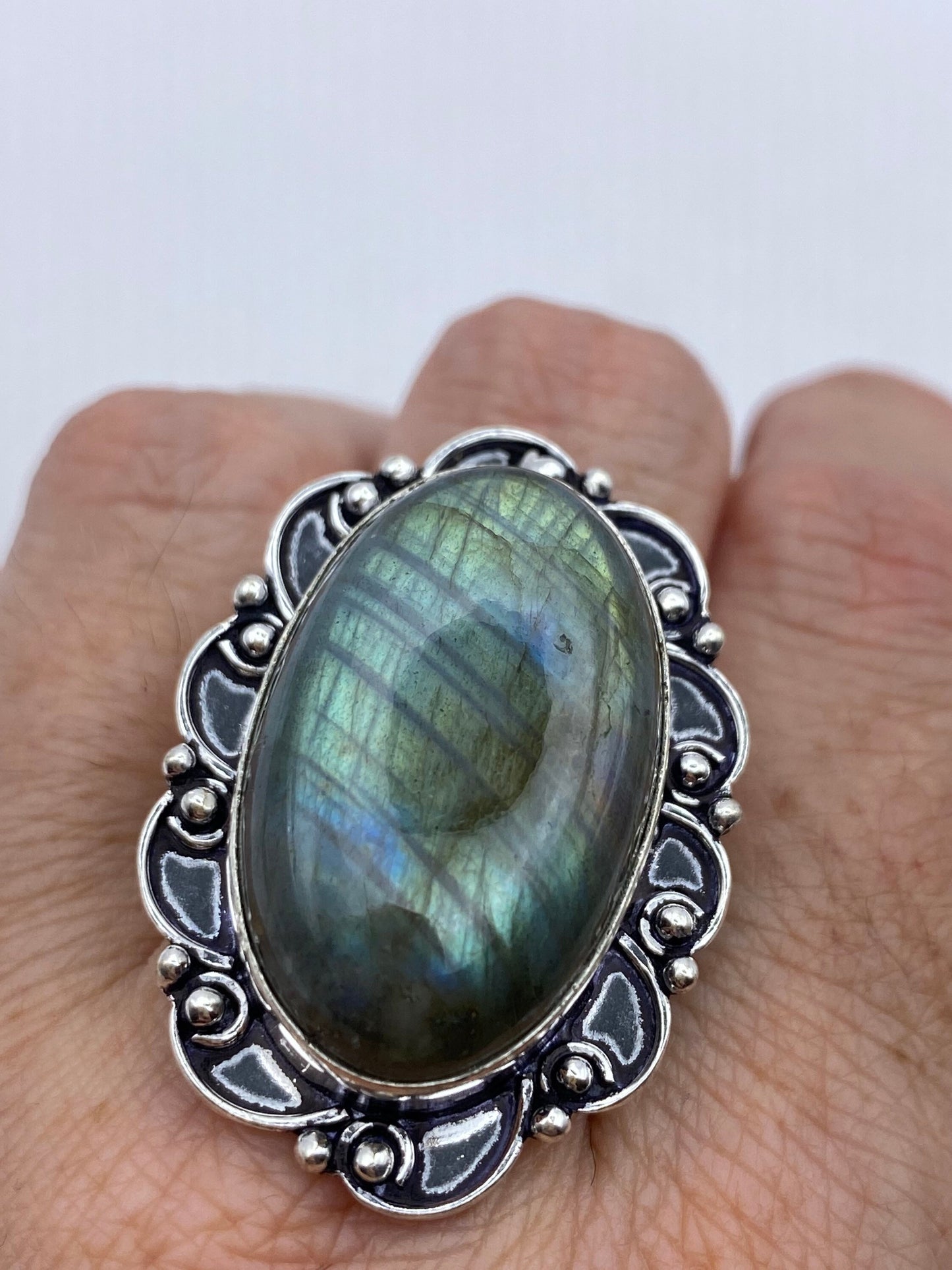 Vintage Large Blue Green Labradorite Stone Silver Ring