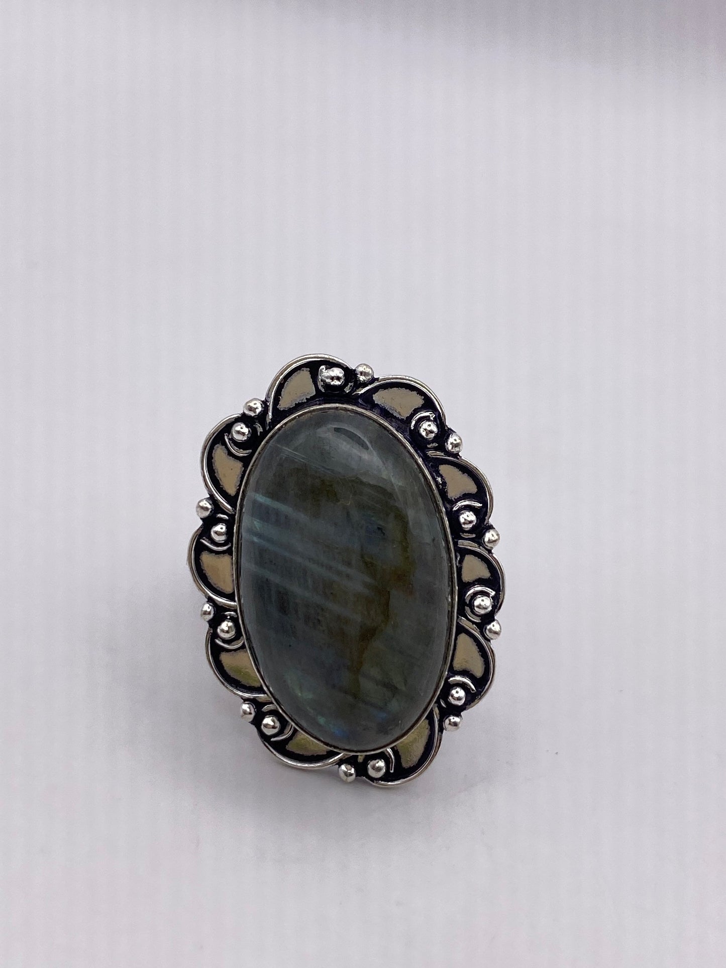 Vintage Large Blue Green Labradorite Stone Silver Ring