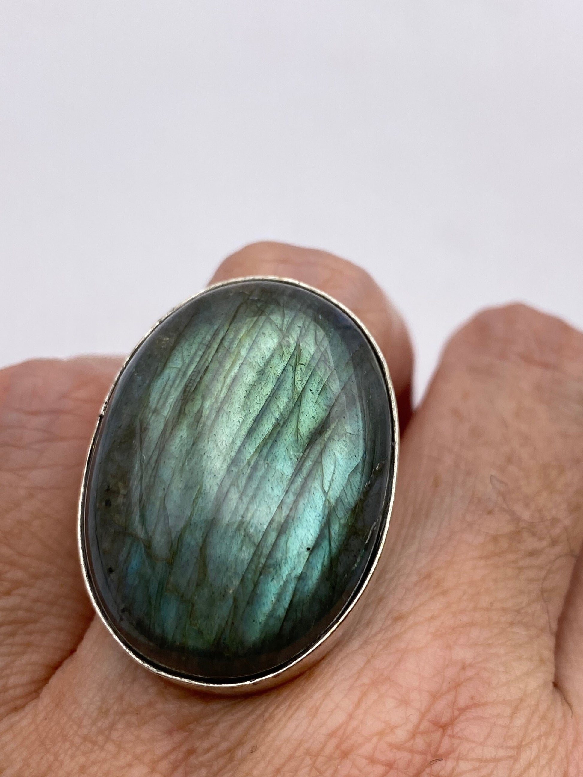 Vintage Large Blue Green Labradorite Stone Silver Ring