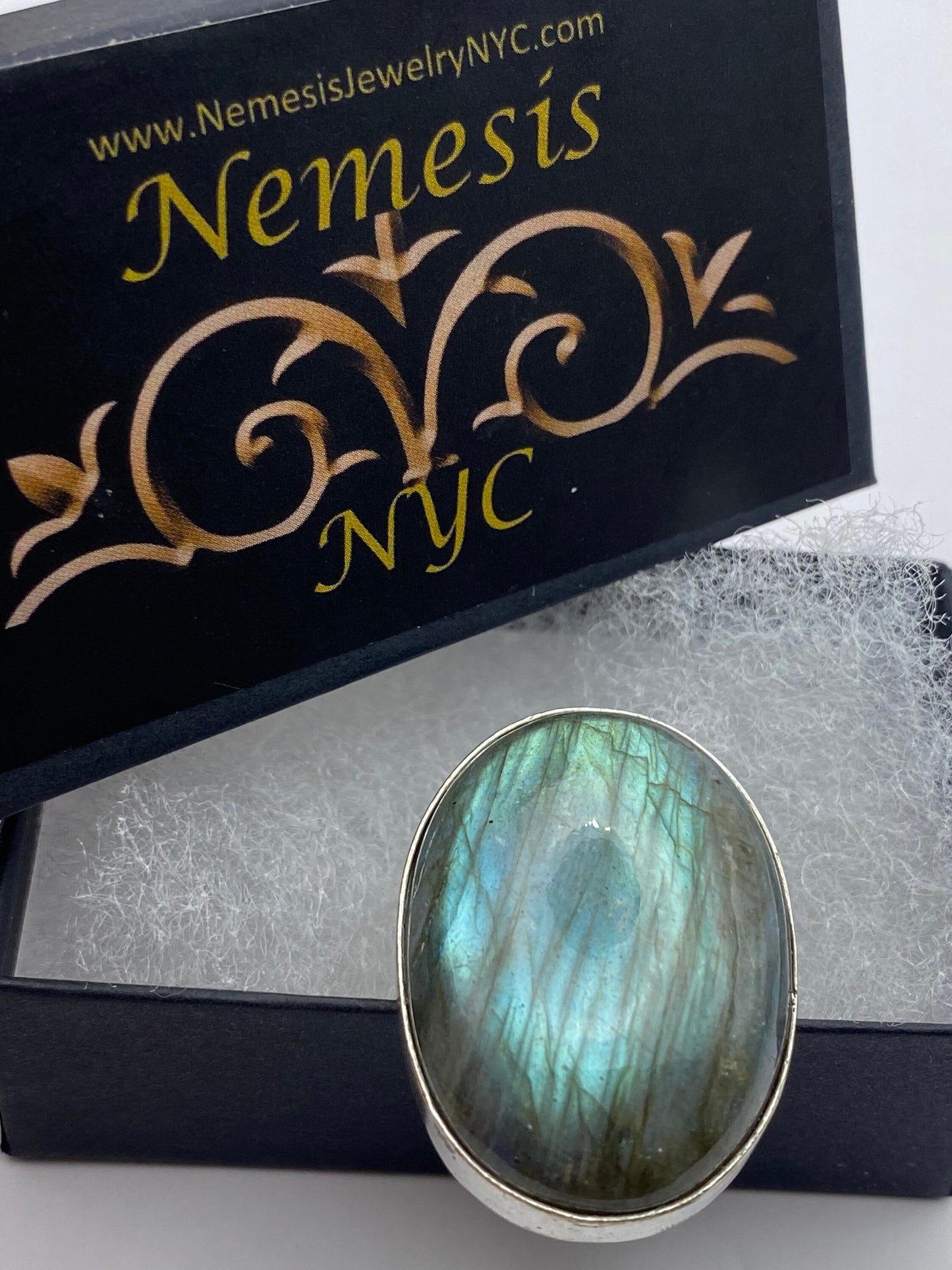 Vintage Large Blue Green Labradorite Stone Silver Ring