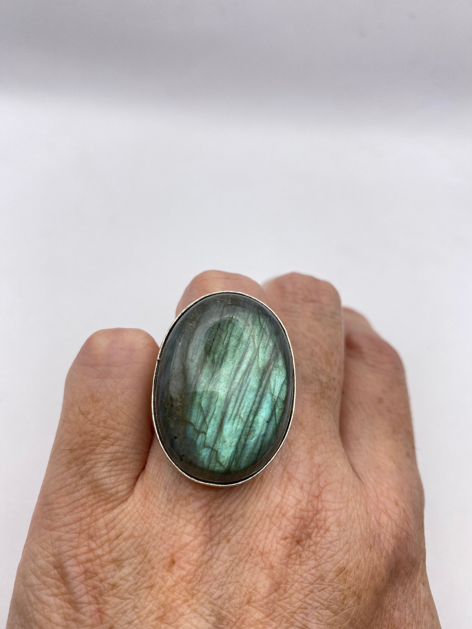 Vintage Large Blue Green Labradorite Stone Silver Ring