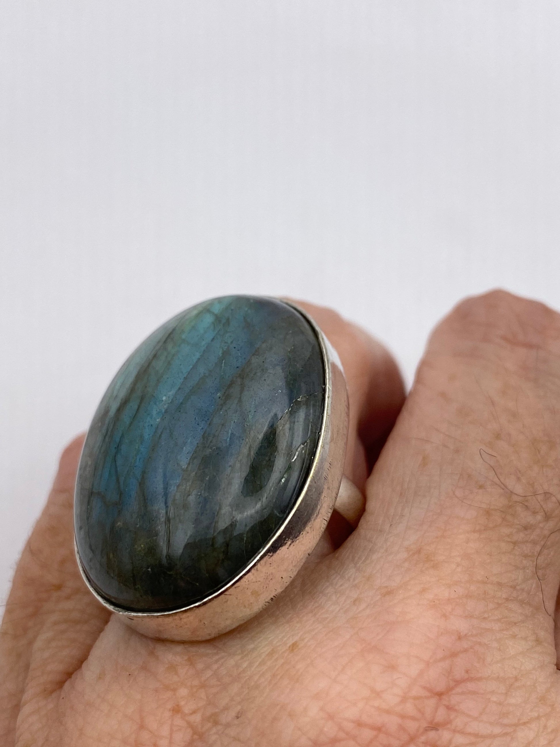 Vintage Large Blue Green Labradorite Stone Silver Ring