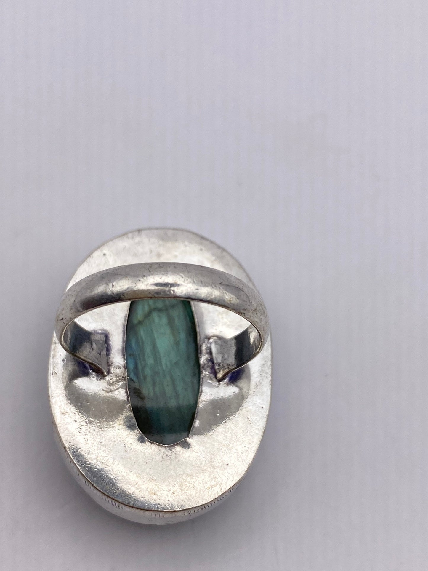 Vintage Large Blue Green Labradorite Stone Silver Ring