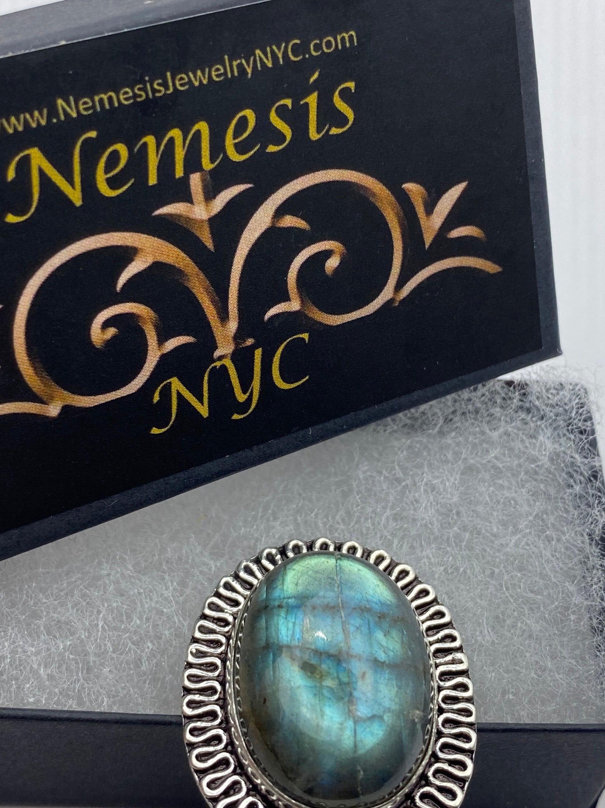 Vintage Large Blue Green Labradorite Stone Silver Ring