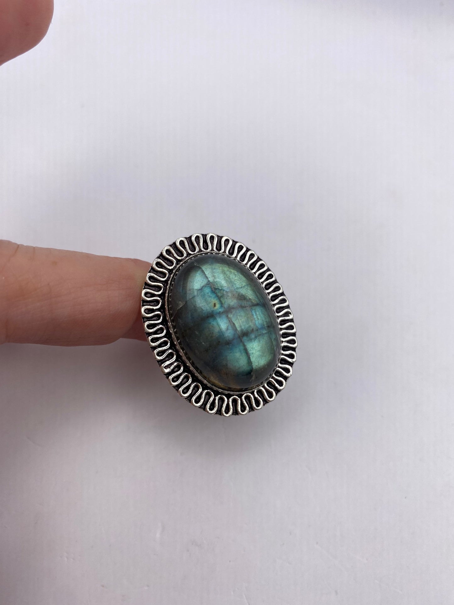 Vintage Large Blue Green Labradorite Stone Silver Ring