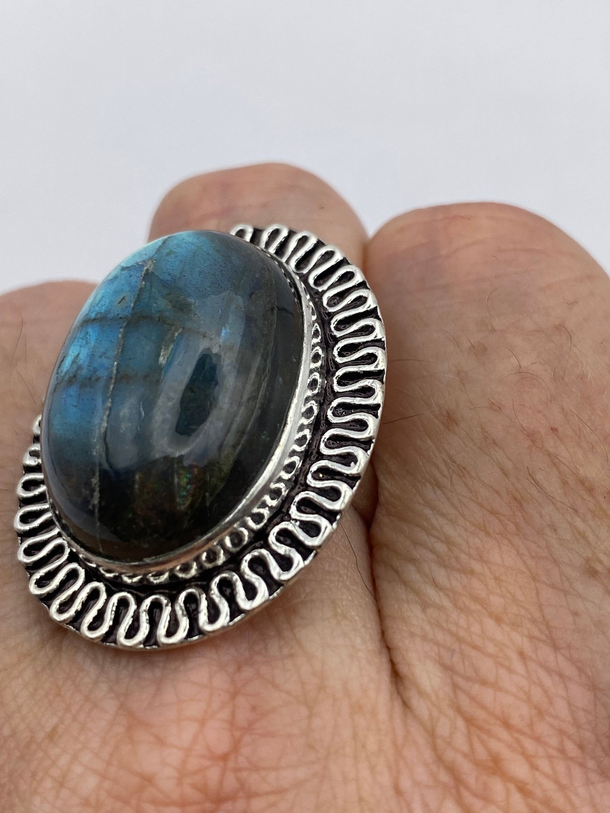 Vintage Large Blue Green Labradorite Stone Silver Ring