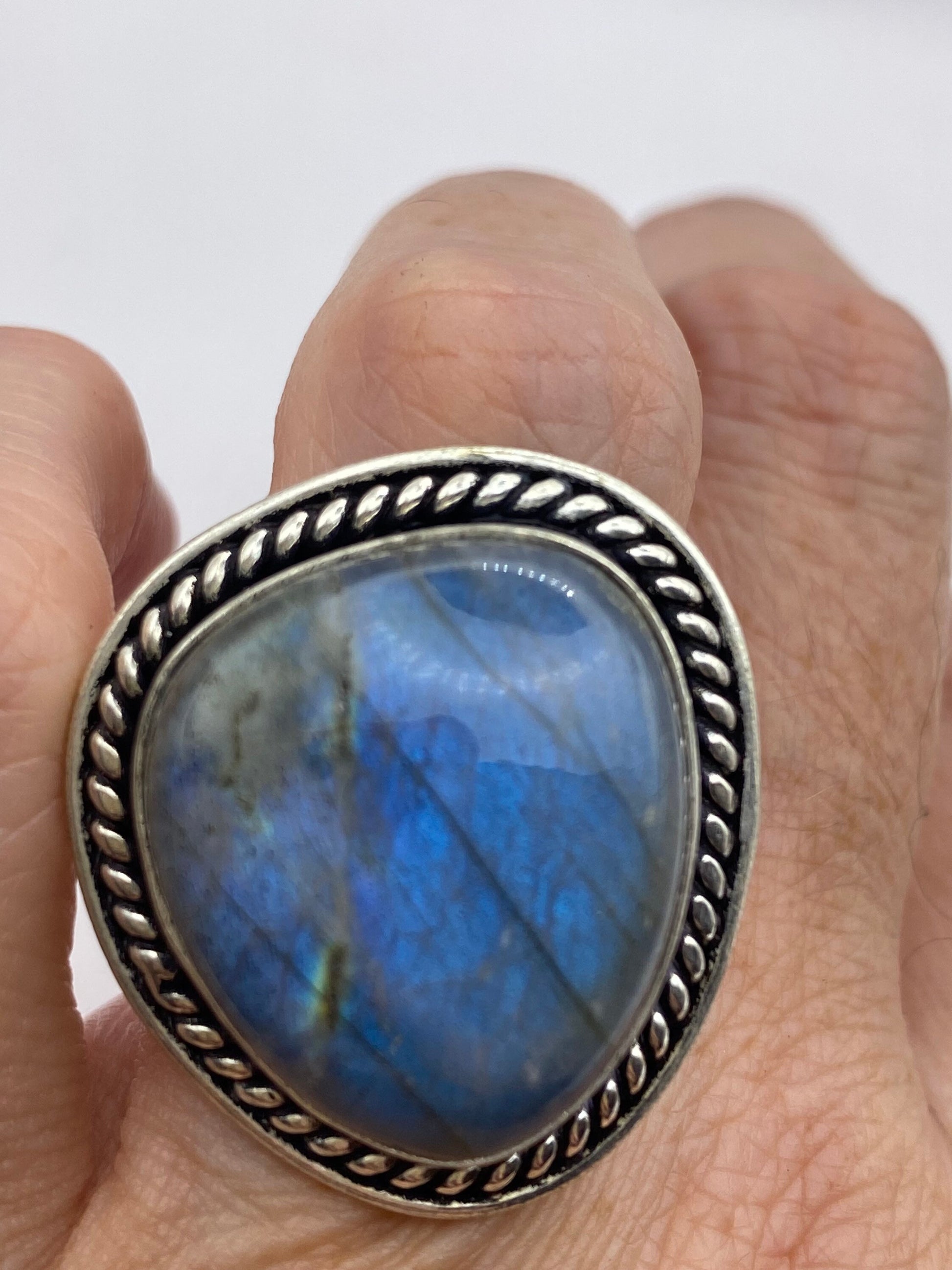 Vintage Large Blue Green Labradorite Stone Silver Ring