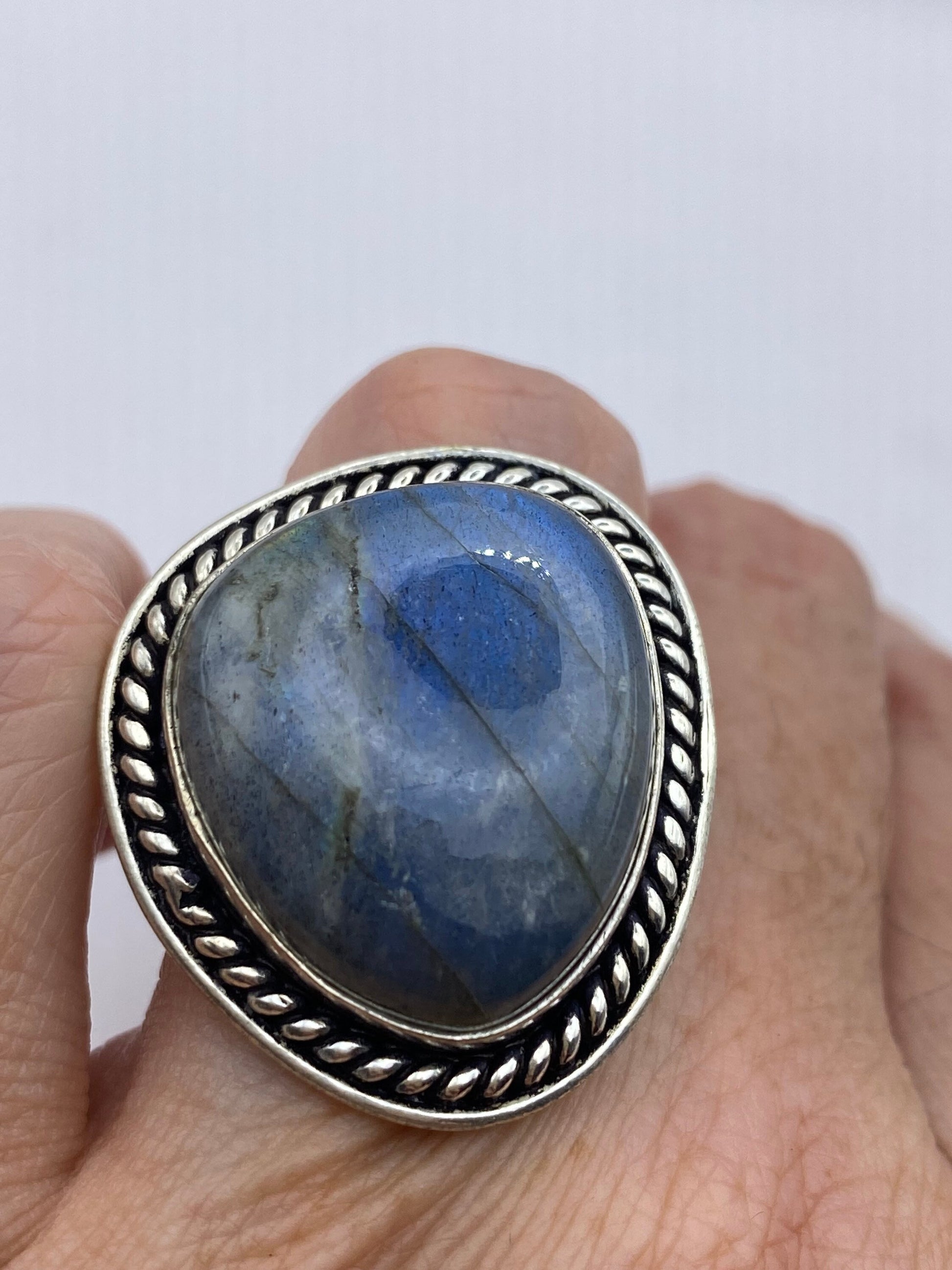 Vintage Large Blue Green Labradorite Stone Silver Ring