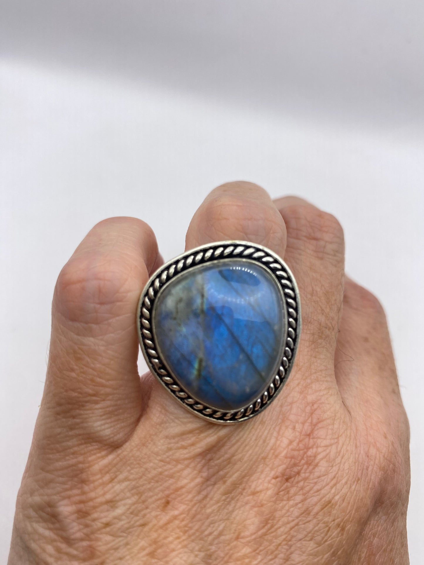 Vintage Large Blue Green Labradorite Stone Silver Ring