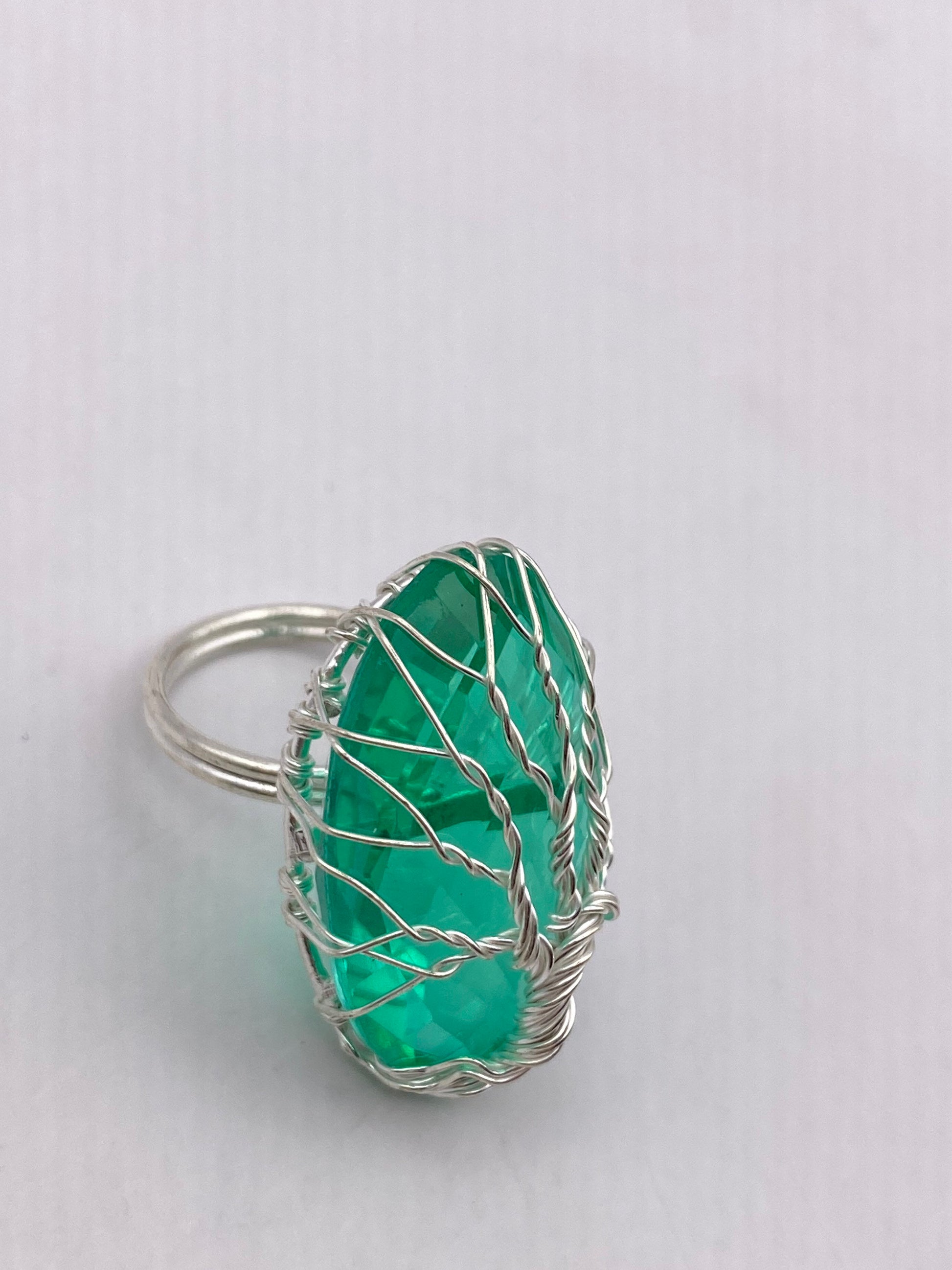 Vintage Green Antique Glass Tree of Life Cocktail Ring