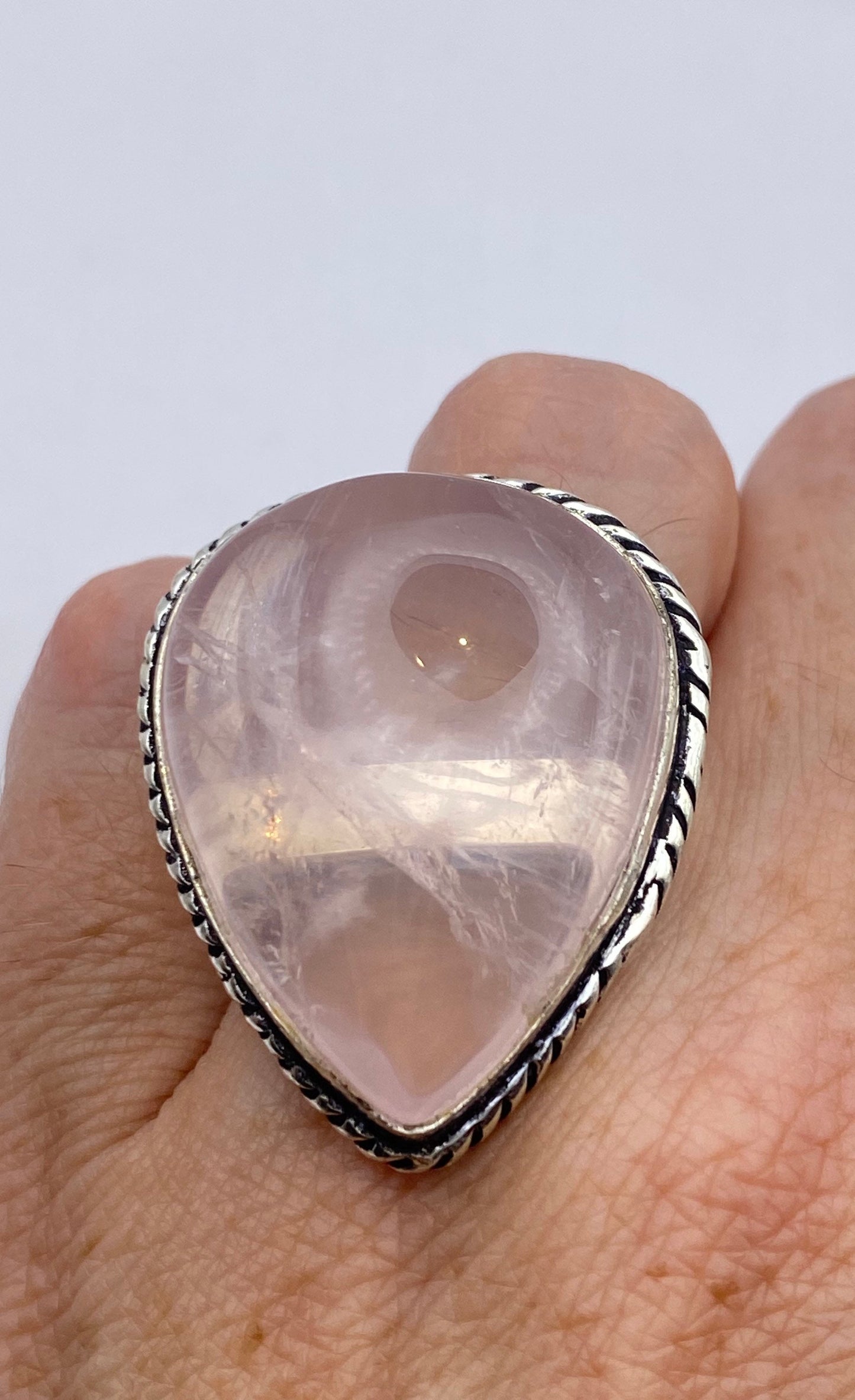 Vintage Pink Rose Quartz Silver Ring