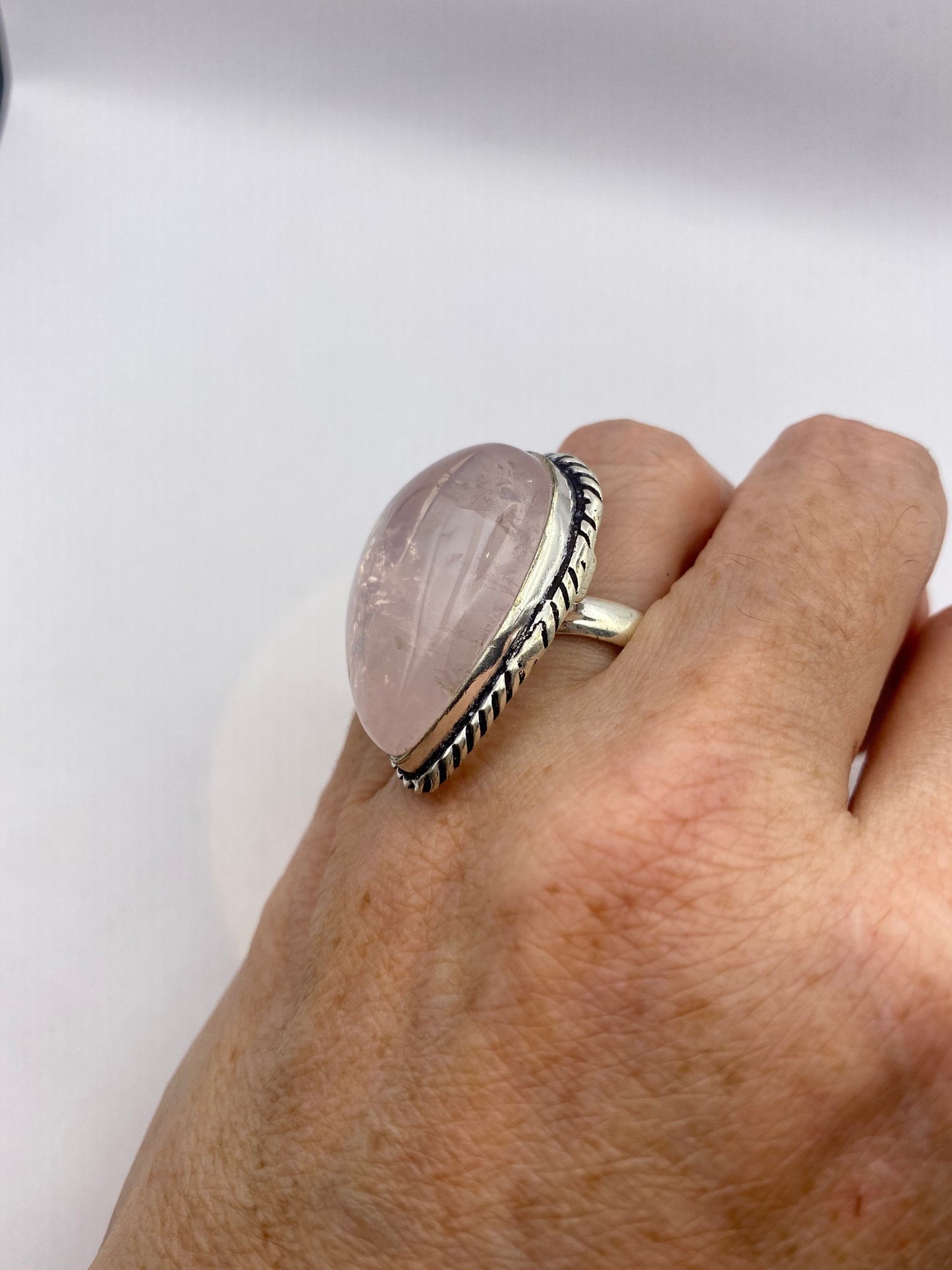 Vintage Pink Rose Quartz Silver Ring