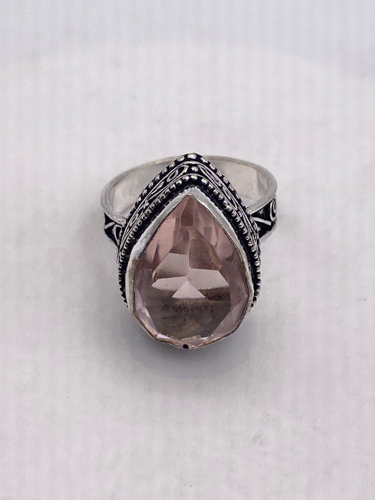 Vintage Pink Rose Quartz Silver Ring