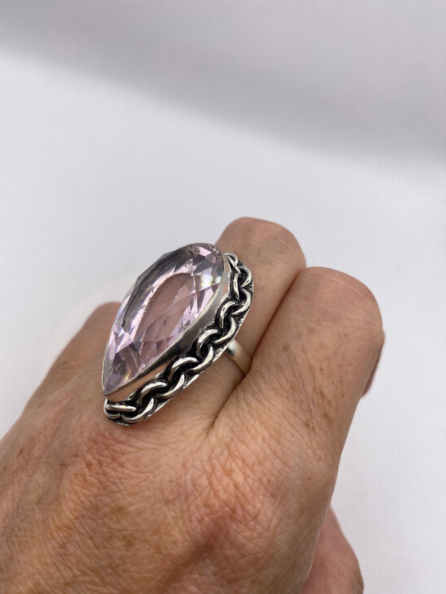 Vintage Pink Rose Quartz Silver Ring