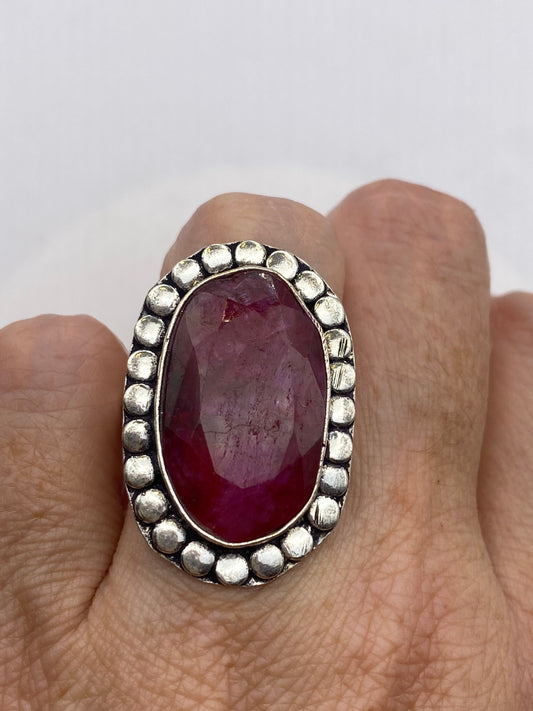 Vintage Raw Pink Ruby Silver Boho Cocktail Ring