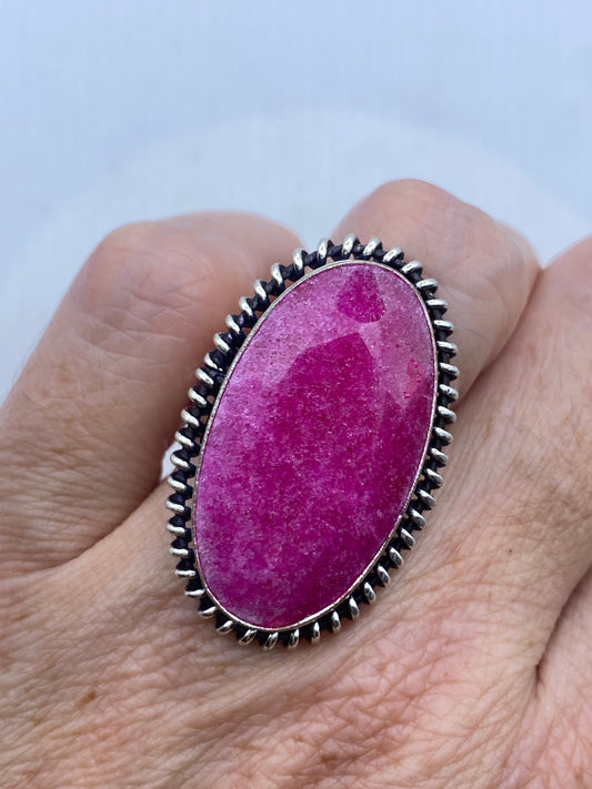 Vintage Raw Pink Ruby Silver Boho Cocktail Ring